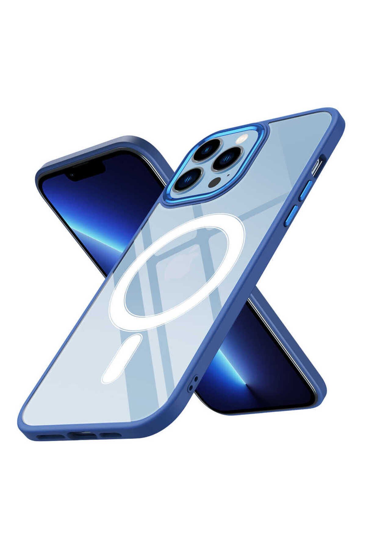 iPhone 12 Pro Uyumlu Wireless Şarj Özellikli BSAY Krom Magsafe Silikon Kılıf-Lacivert Lacivert