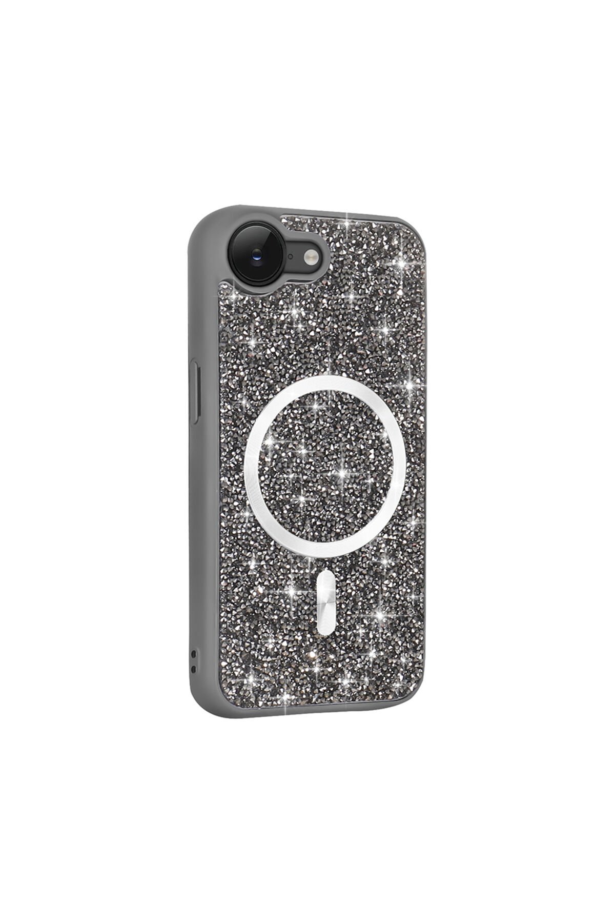 iPhone 16E Kılıf Pırlanta Tasarımlı M-safe Şarj Özellikli KLFK Mozaik Silikon Kapak - Titanyum-Gri Titanyum-Gri