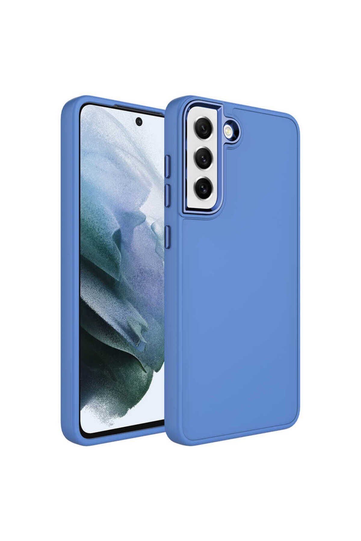 Galaxy S21 FE Uyumlu Metal Çerçeve ve Buton Tasarımlı Silikon BSAY Luna Kılıf-Sierra Mavi Lavendery Gray