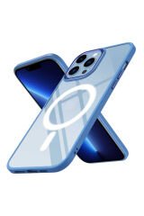 iPhone 12 Pro Max Uyumlu Wireless Şarj Özellikli BSAY Krom Magsafe Silikon Kılıf-Mavi Mavi