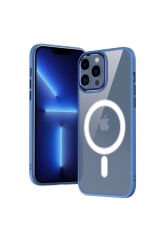 iPhone 12 Pro Max Uyumlu Wireless Şarj Özellikli BSAY Krom Magsafe Silikon Kılıf-Mavi Mavi