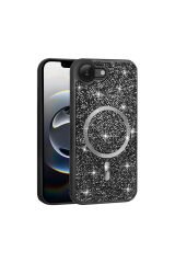 iPhone 16E Kılıf Pırlanta Tasarımlı M-safe Şarj Özellikli SBT Mozaik Silikon Kapak - Siyah Siyah