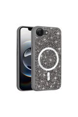 iPhone 16E Kılıf Pırlanta Tasarımlı M-safe Şarj Özellikli SBT Mozaik Silikon Kapak - Siyah Siyah