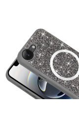 iPhone 16E Kılıf Pırlanta Tasarımlı M-safe Şarj Özellikli SBT Mozaik Silikon Kapak - Siyah Siyah