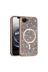 iPhone 16E Kılıf Pırlanta Tasarımlı M-safe Şarj Özellikli SBT Mozaik Silikon Kapak - Siyah Siyah