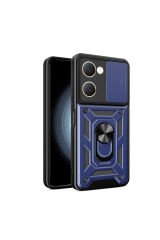 Vivo Y18 Kılıf Magnetik Standlı Kamera Korumalı BSAY Sürgülü Vega Kapak - Mavi Mavi