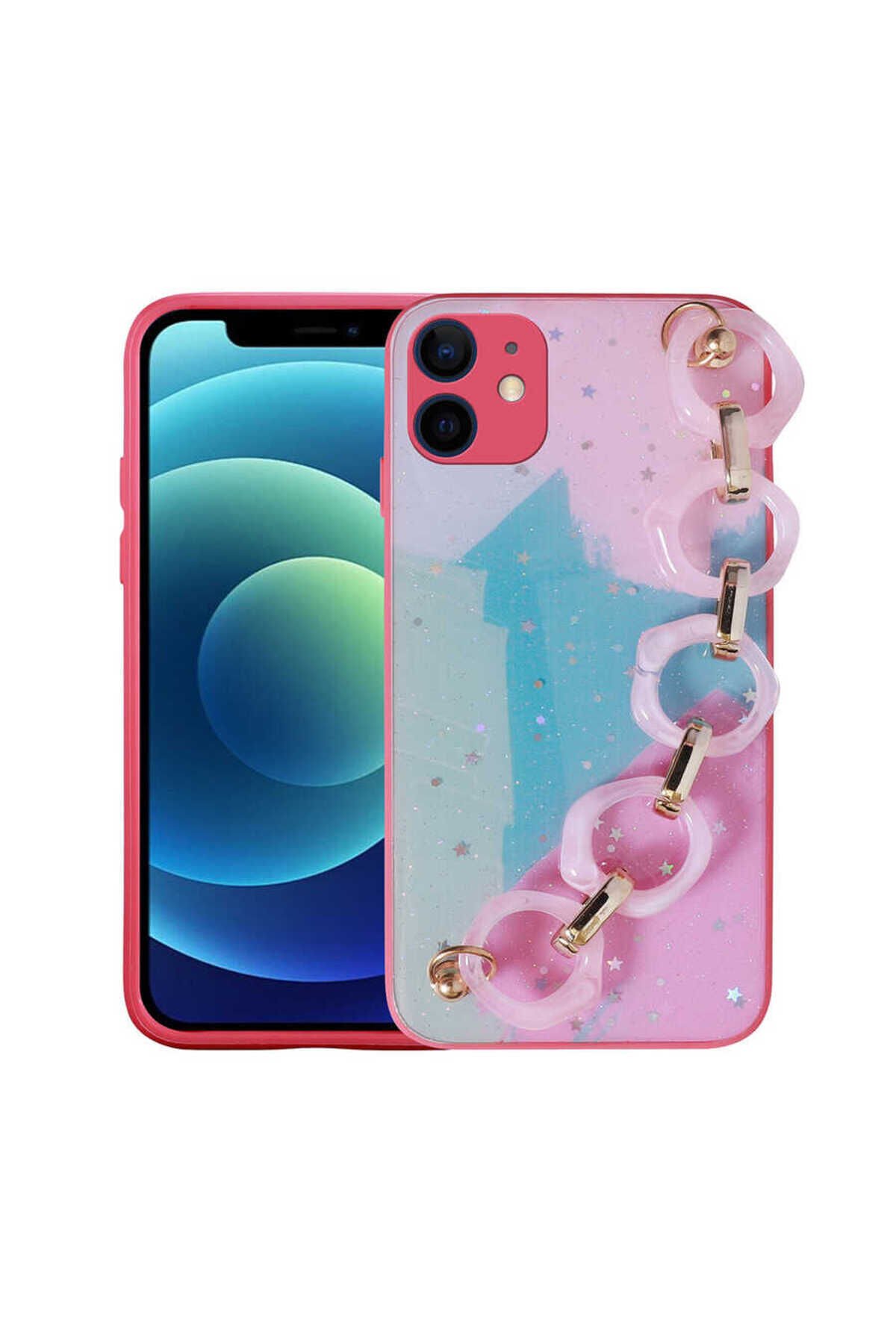 iPhone 11 Uyumlu Simli Desenli El Askılı Tutacaklı BSAY Elsa Silikon Kılıf-Pembe Koyu Pembe Koyu