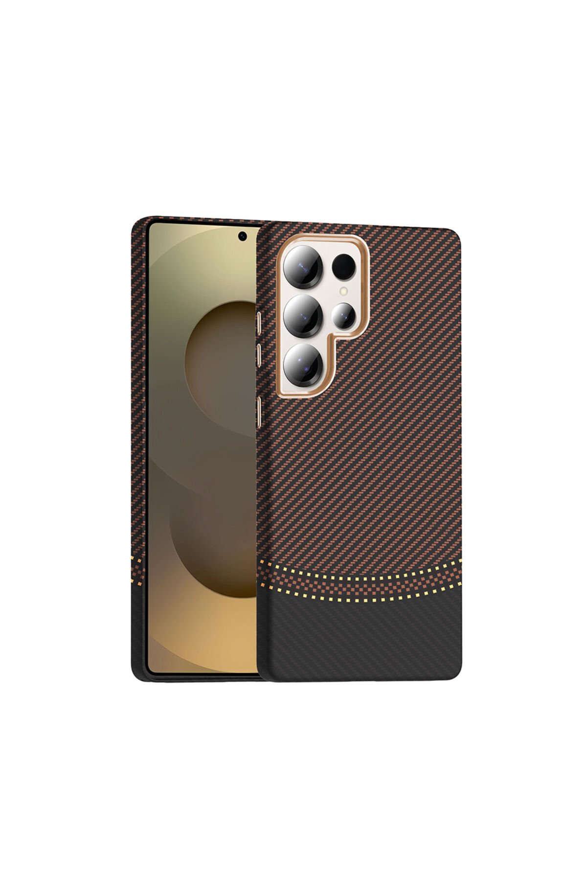 Galaxy S25 Ultra Kılıf M-safe Şarj Özellikli Karbon Fiber Görünümlü TKNC Gros Kapak - Gold-Siyah