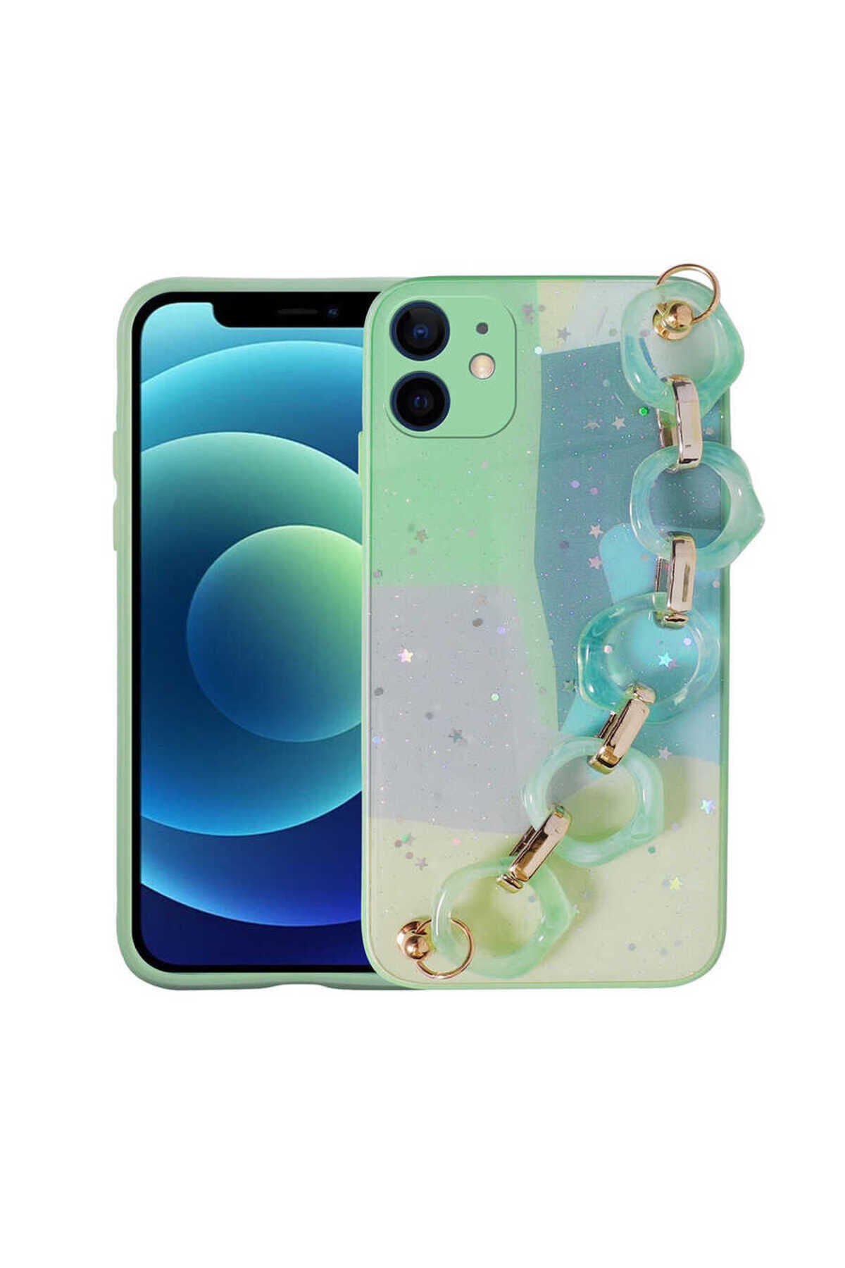 iPhone 12 Uyumlu Simli Desenli El Askılı Tutacaklı BSAY Elsa Silikon Kılıf-Yeşil Yeşil