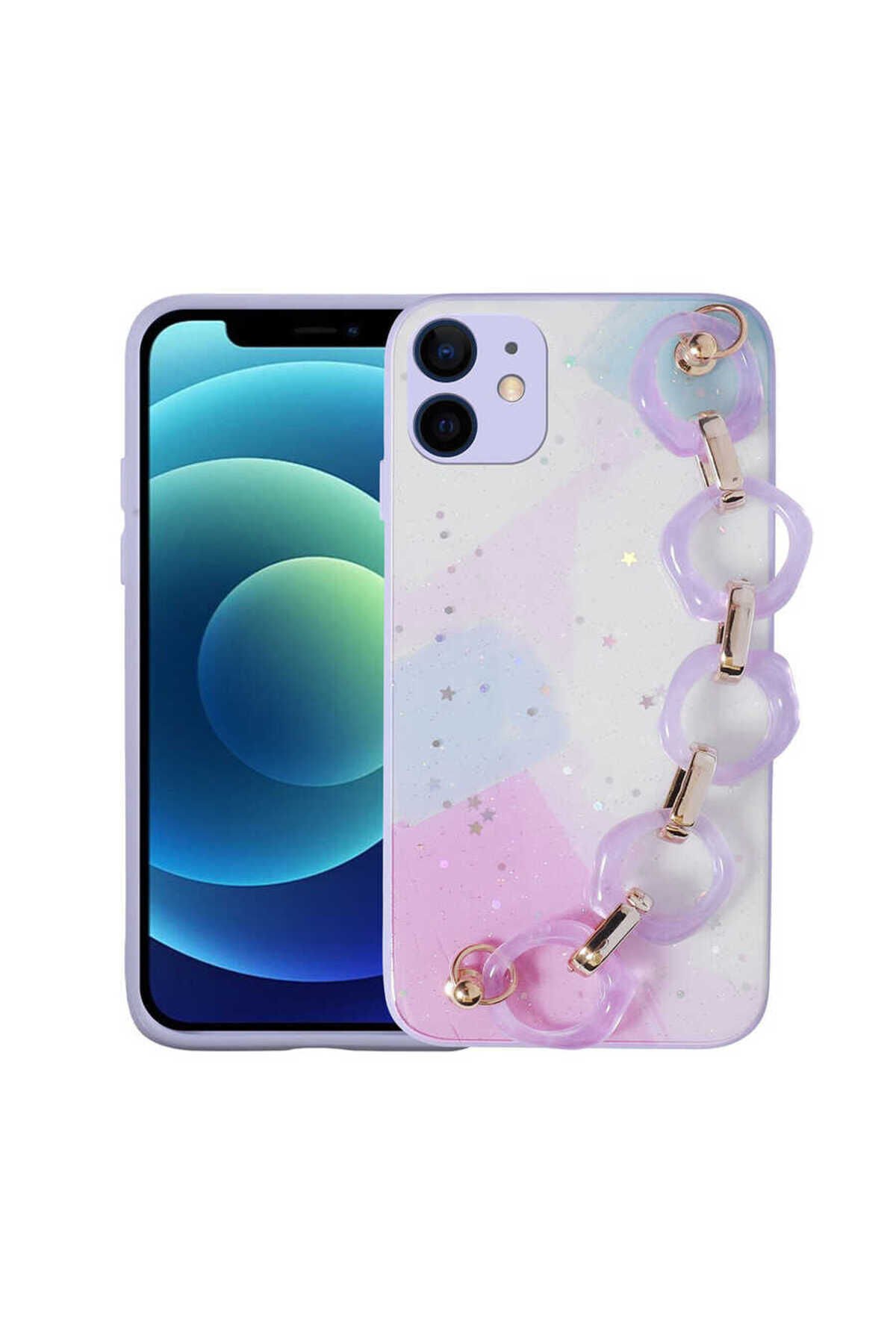 iPhone 12 Uyumlu Simli Desenli El Askılı Tutacaklı BSAY Elsa Silikon Kılıf-Yeşil Lila