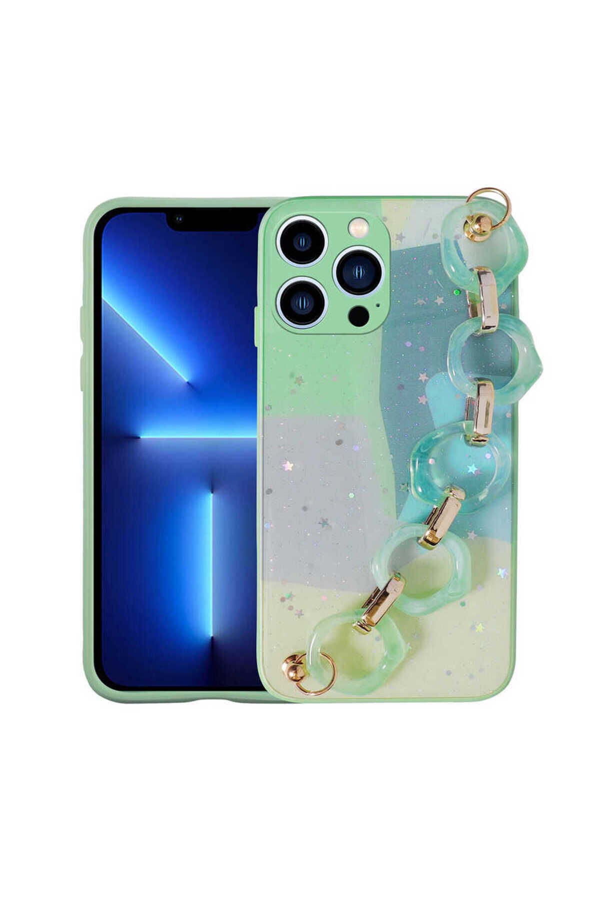 iPhone 12 Pro Max Uyumlu Simli Desenli El Askılı Tutacaklı BSAY Elsa Silikon Kılıf-Pembe Yeşil