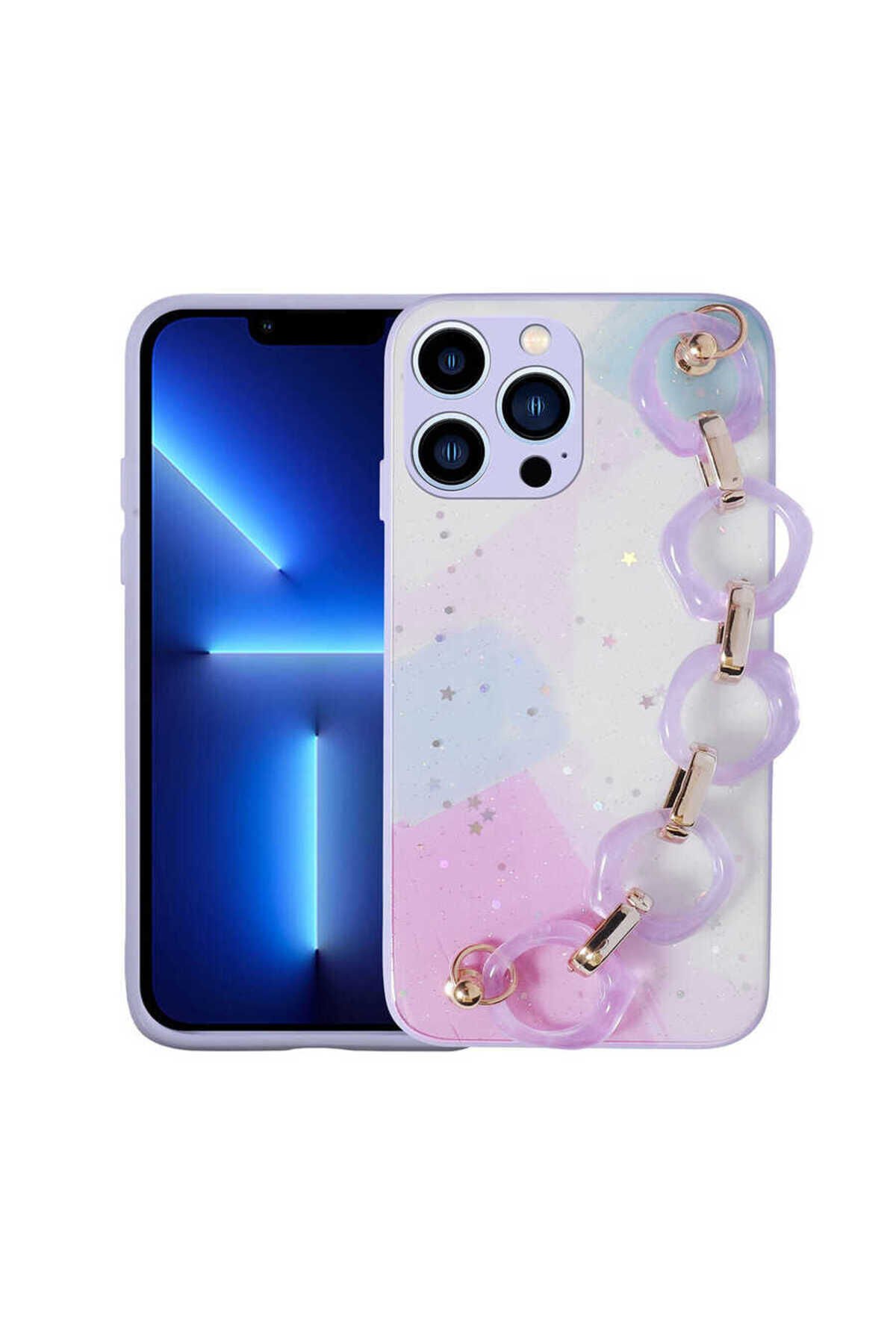 iPhone 12 Pro Max Uyumlu Simli Desenli El Askılı Tutacaklı BSAY Elsa Silikon Kılıf-Pembe Lila