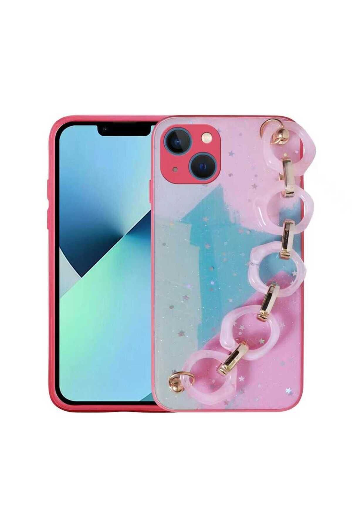 iPhone 13 Uyumlu Simli Desenli El Askılı Tutacaklı BSAY Elsa Silikon Kılıf-Pembe Pembe Koyu