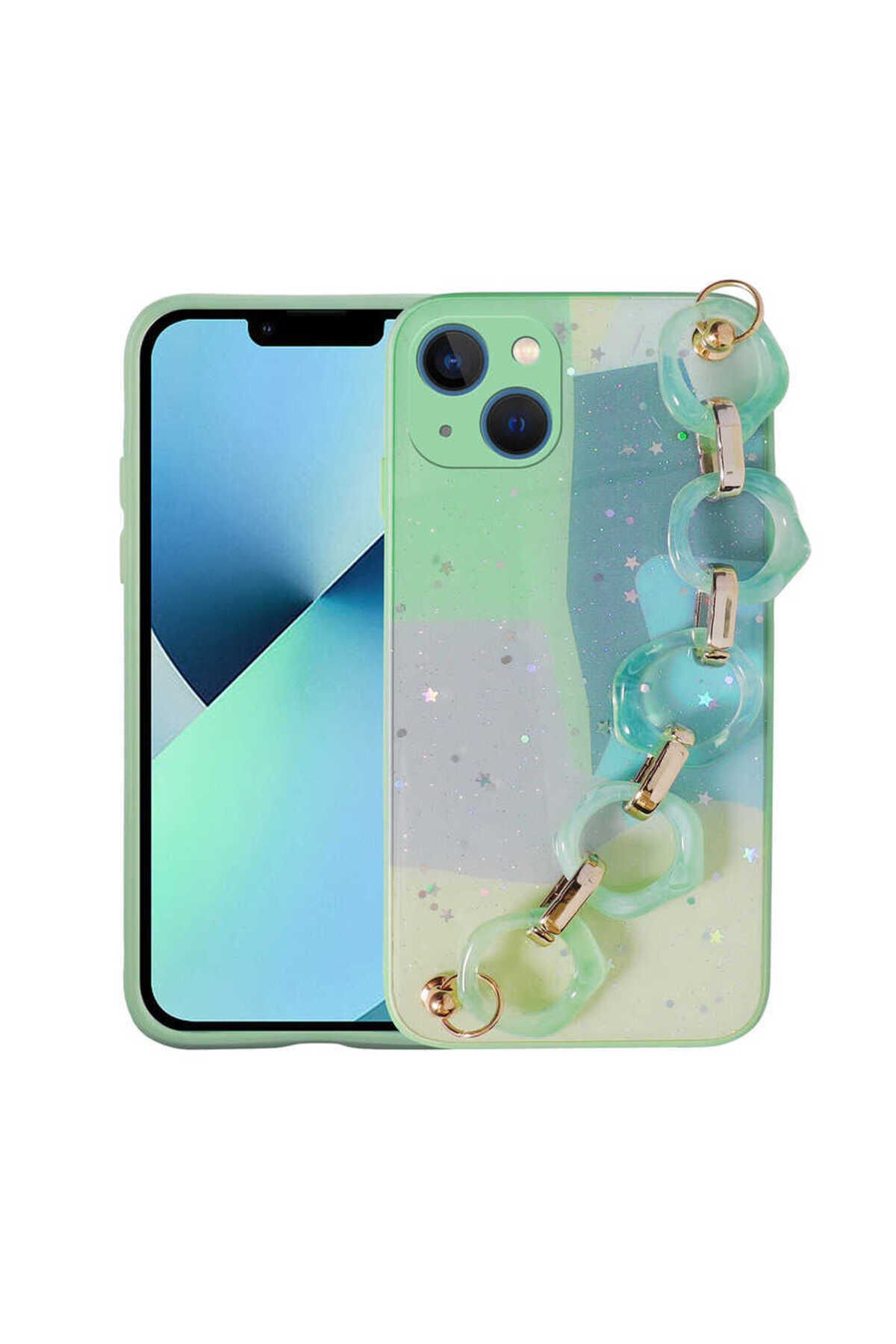 iPhone 13 Uyumlu Simli Desenli El Askılı Tutacaklı BSAY Elsa Silikon Kılıf-Pembe Yeşil