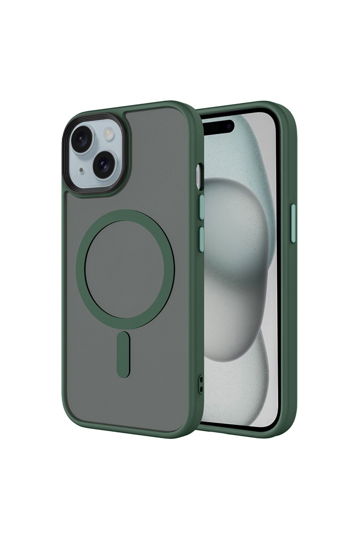 iPhone 15 Plus Kılıf Mat Arka Yüzey Wireless Şarj Özellikli BSAY Flet M-safe Kapak - Koyu Yeşil Yeşil