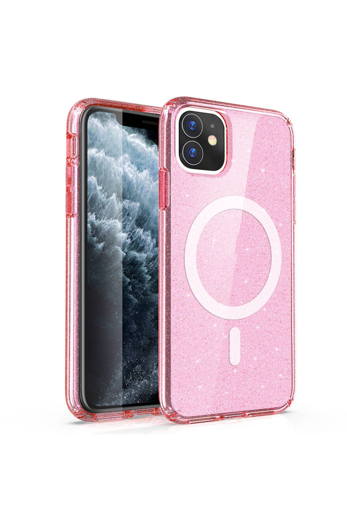 iPhone 11 Kılıf Magsafe Şarj Özellikli Parlayan Simli Saydam Renkli BSAY Allstar Kapak - Şeffaf Pembe