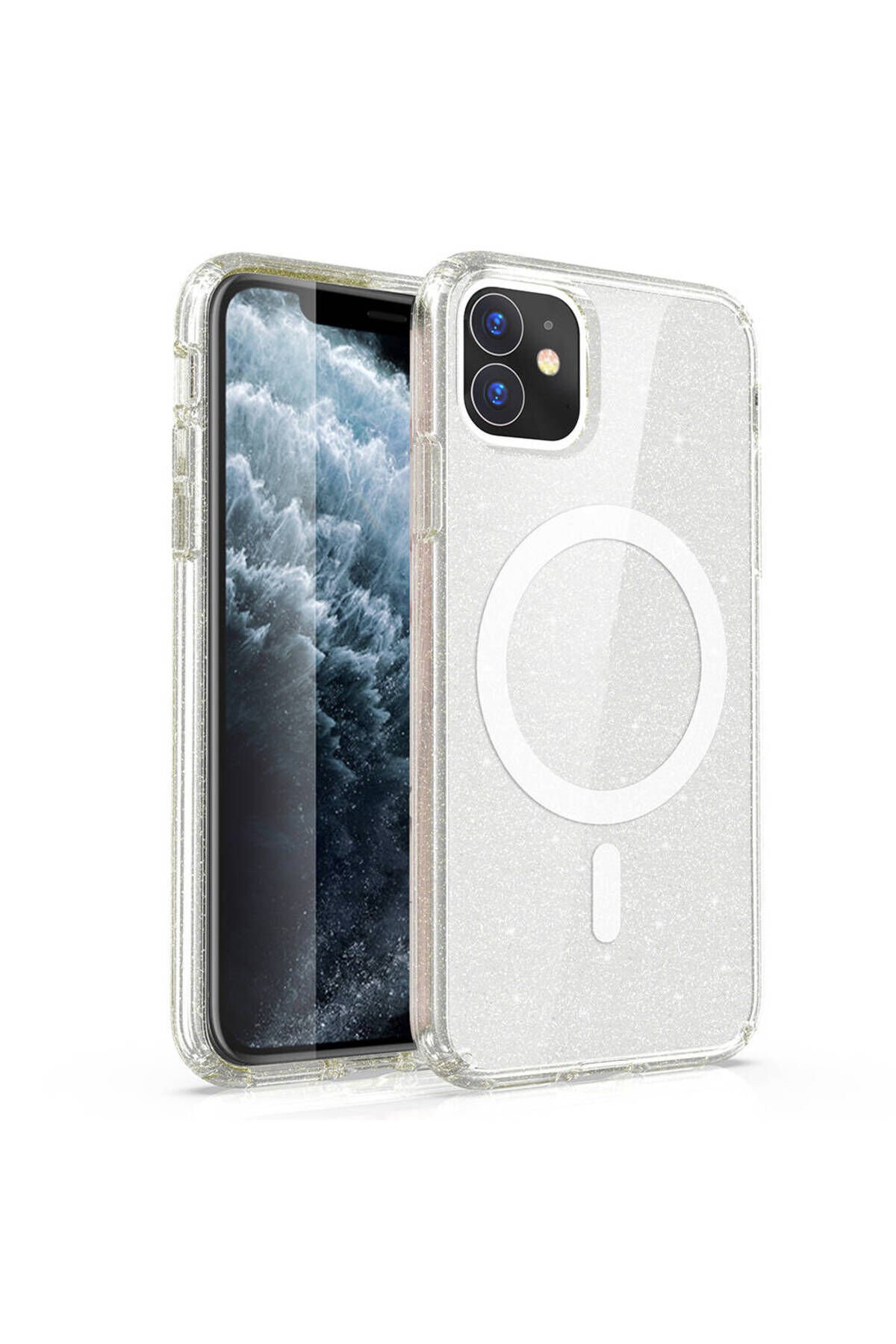 iPhone 11 Kılıf Magsafe Şarj Özellikli Parlayan Simli Saydam Renkli BSAY Allstar Kapak - Şeffaf Mor