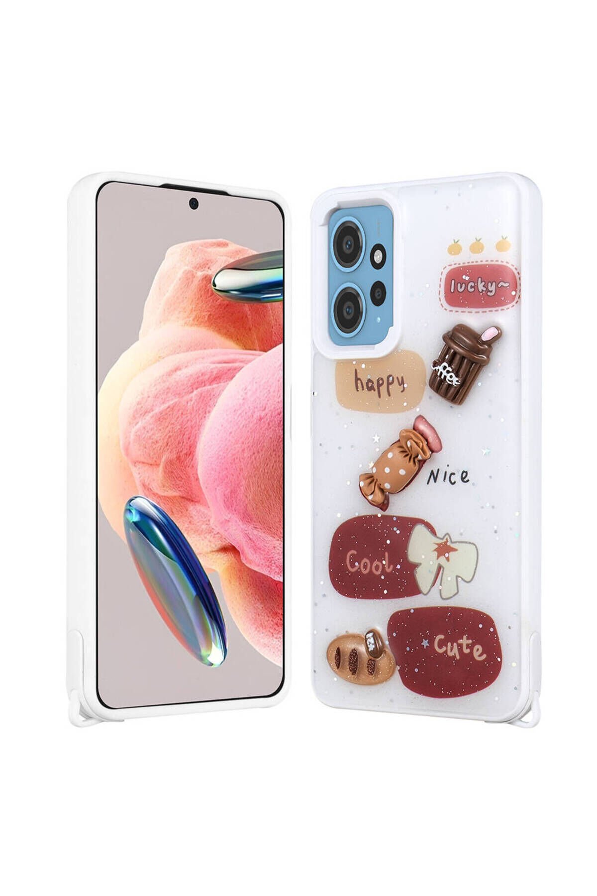 Redmi Note 12 4G Kılıf Parlayan Sıvılı Simli Kabartma Figürlü BSAY Cevze Kapak-Beyaz Beyaz