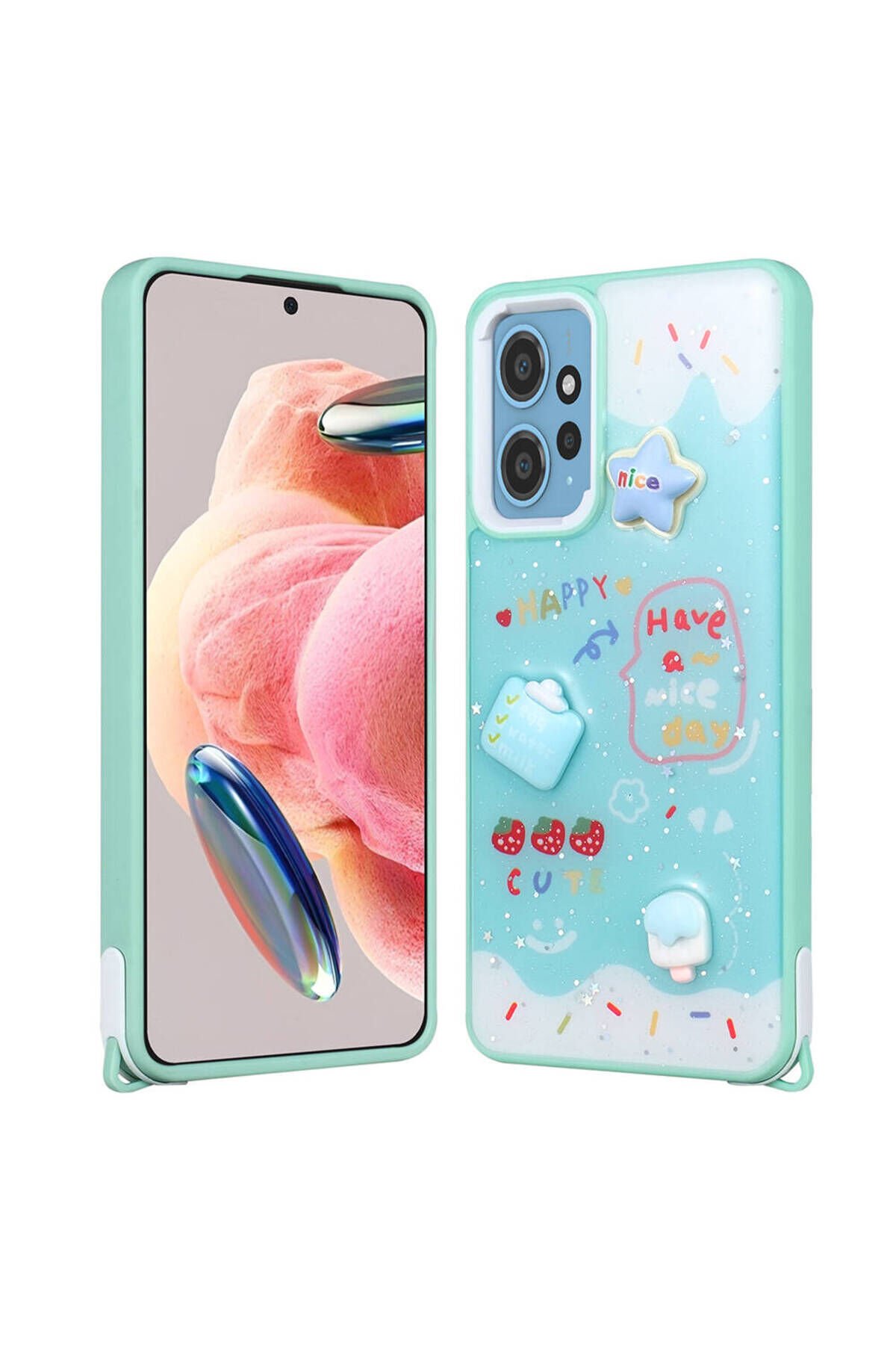 Redmi Note 12 4G Kılıf Parlayan Sıvılı Simli Kabartma Figürlü BSAY Cevze Kapak-Beyaz Yeşil