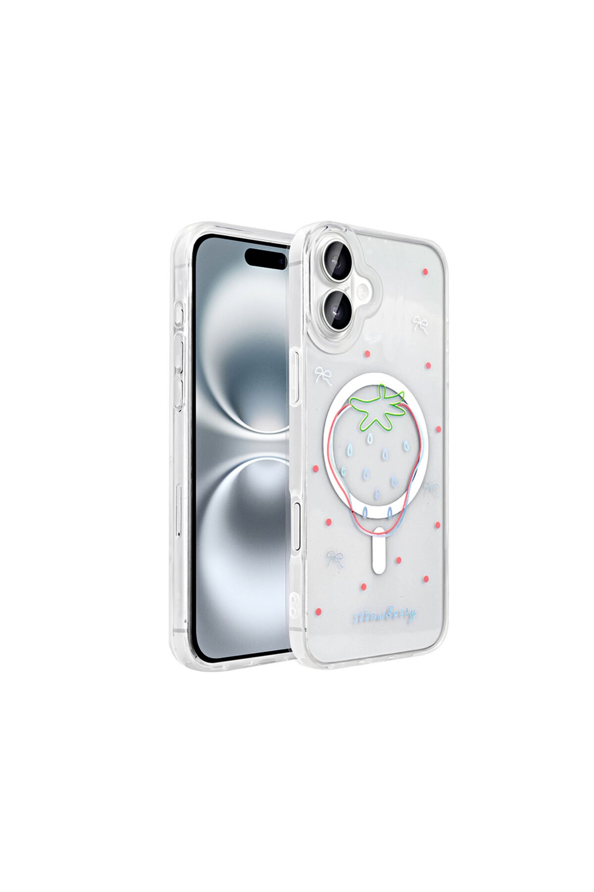 iPhone 16 Kılıf M-Safe Şarj Özellikli Şeffaf Folk Sert Kapak - Çilek Beyaz