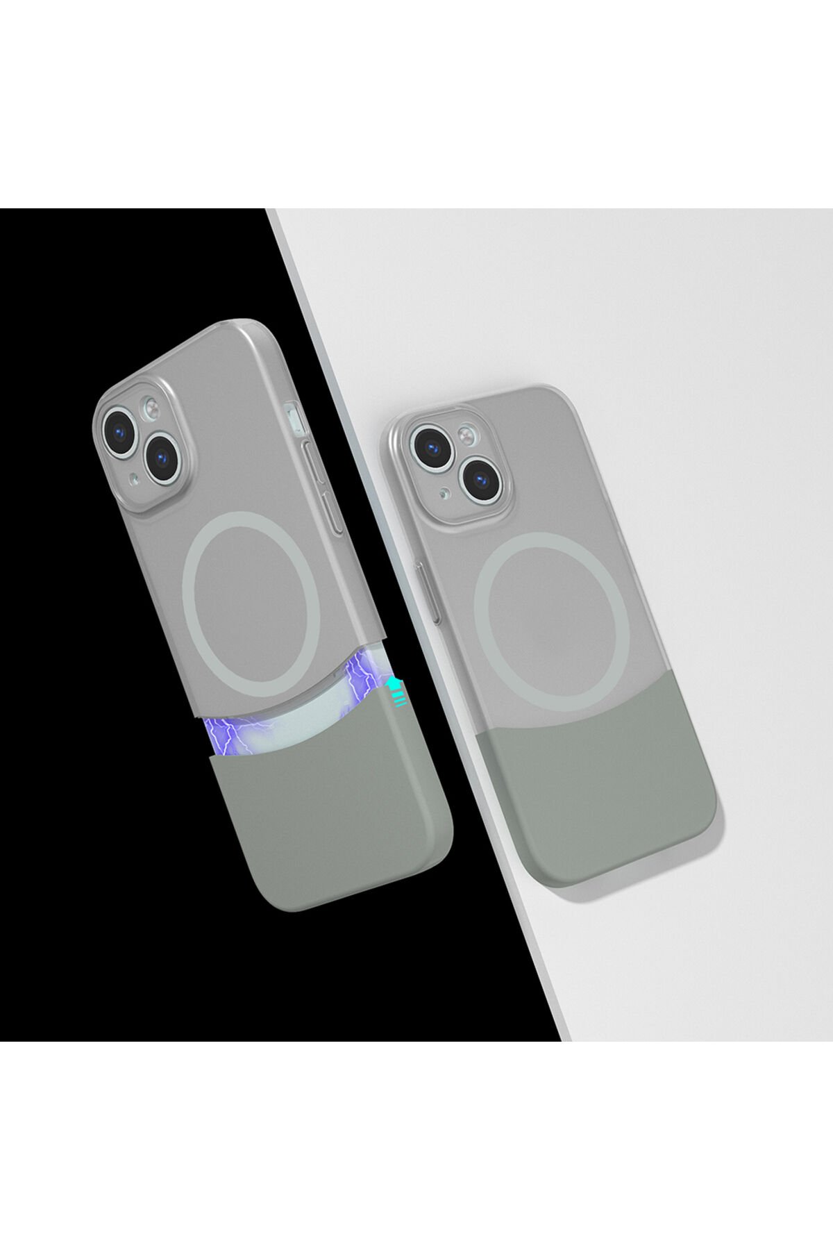 iPhone 15 Kılıf M-Safe Şarj Özellikli Mıknatıslı ASMA Duble Kapak - Gri