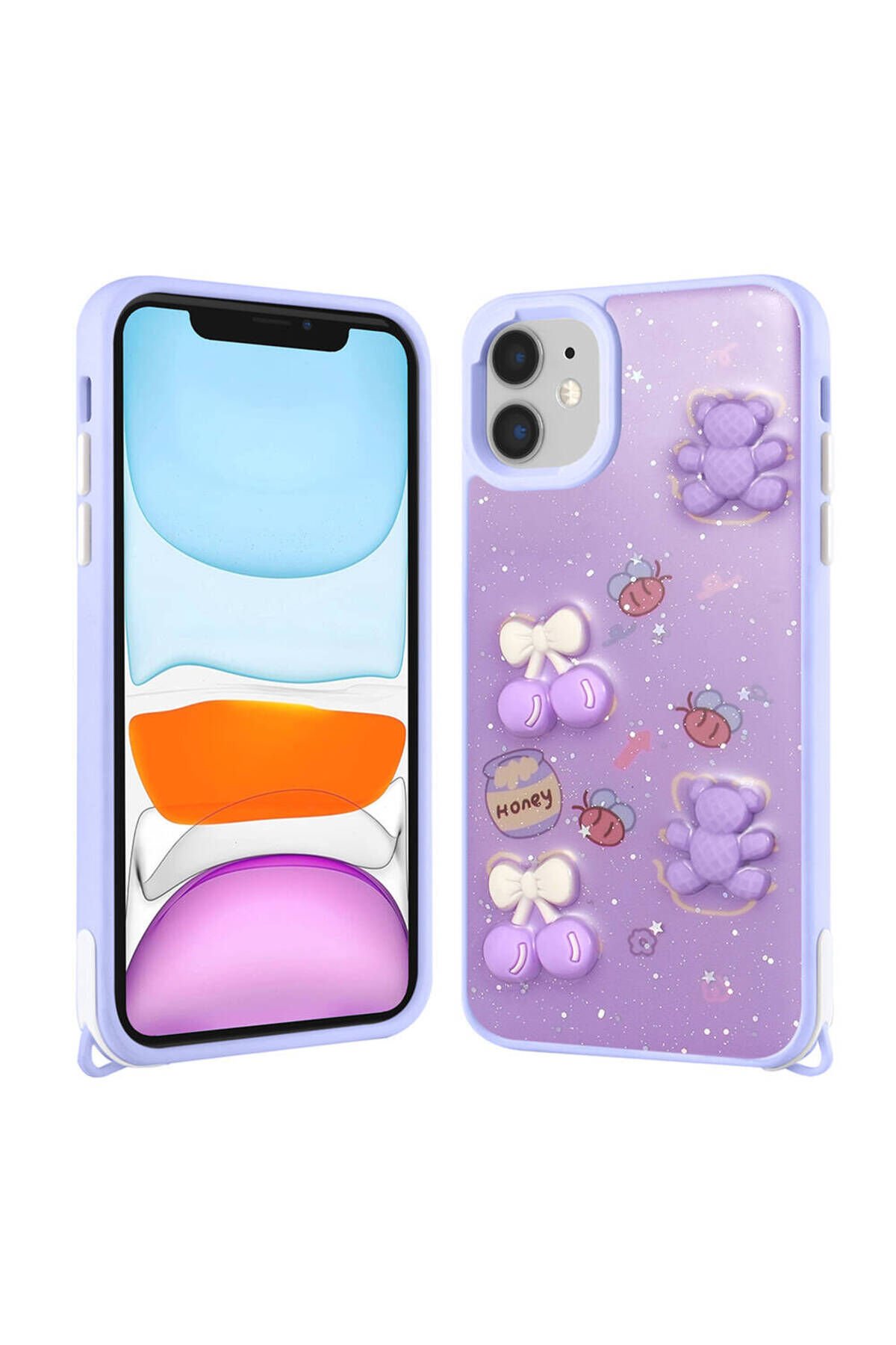 iPhone 11 Kılıf Parlayan Sıvılı Simli Kabartma Figürlü BSAY Cevze Kapak-Mor Ayı Mor Ayı