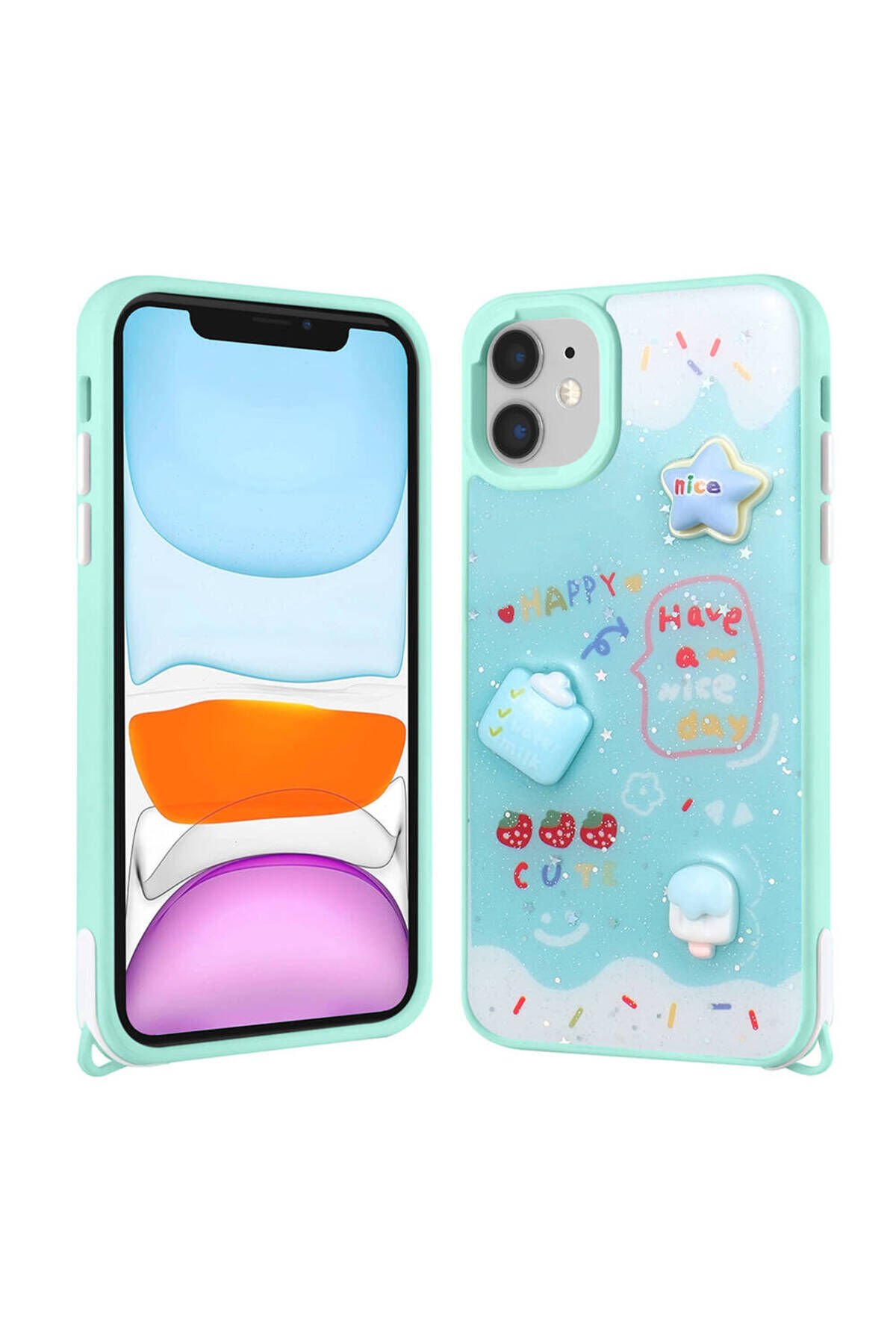 iPhone 11 Kılıf Parlayan Sıvılı Simli Kabartma Figürlü BSAY Cevze Kapak-Mor Ayı Yeşil