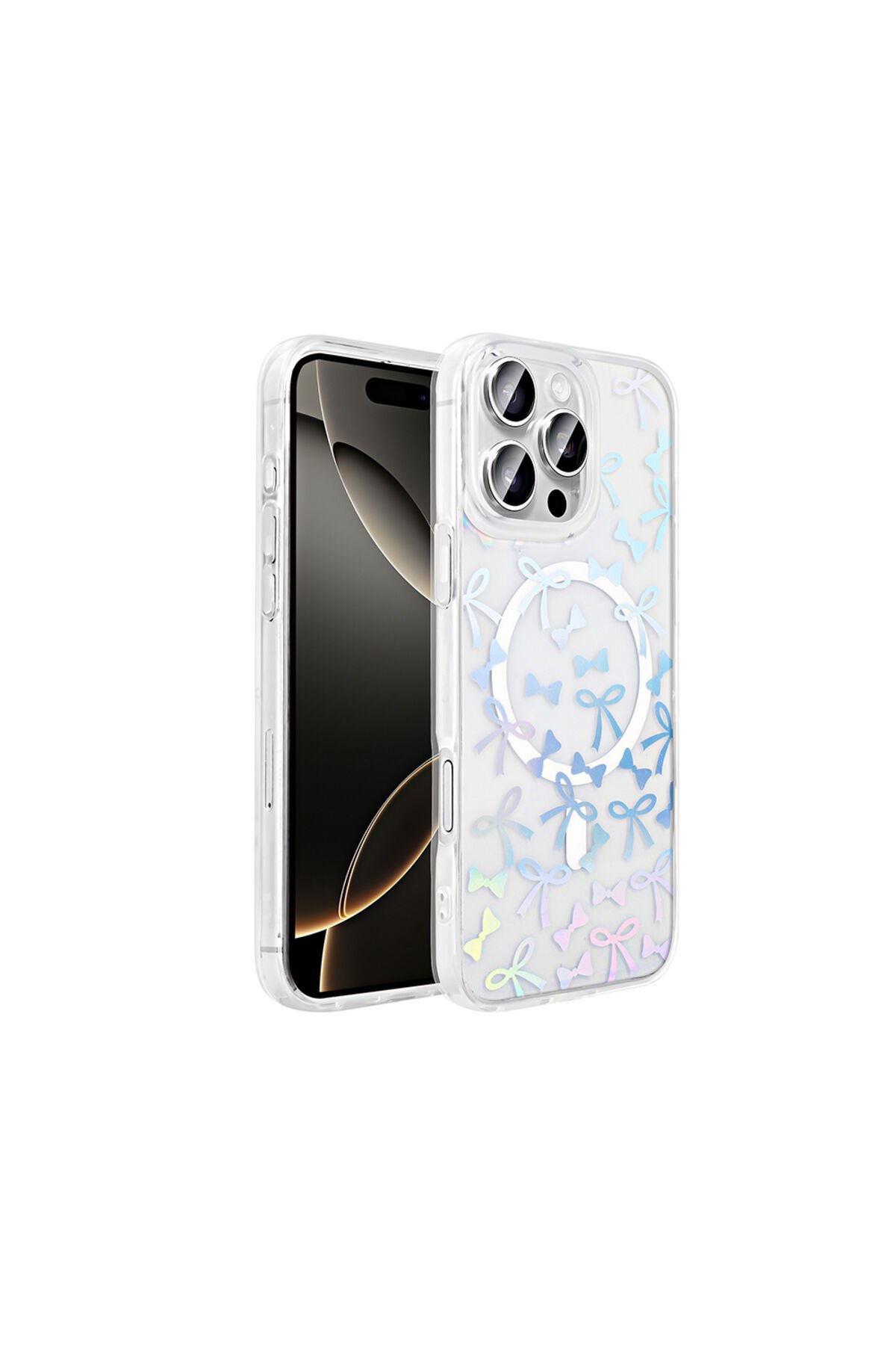 iPhone 16 Pro Kılıf M-Safe Şarj Özellikli Şeffaf Folk Sert Kapak - Fiyonk Beyaz