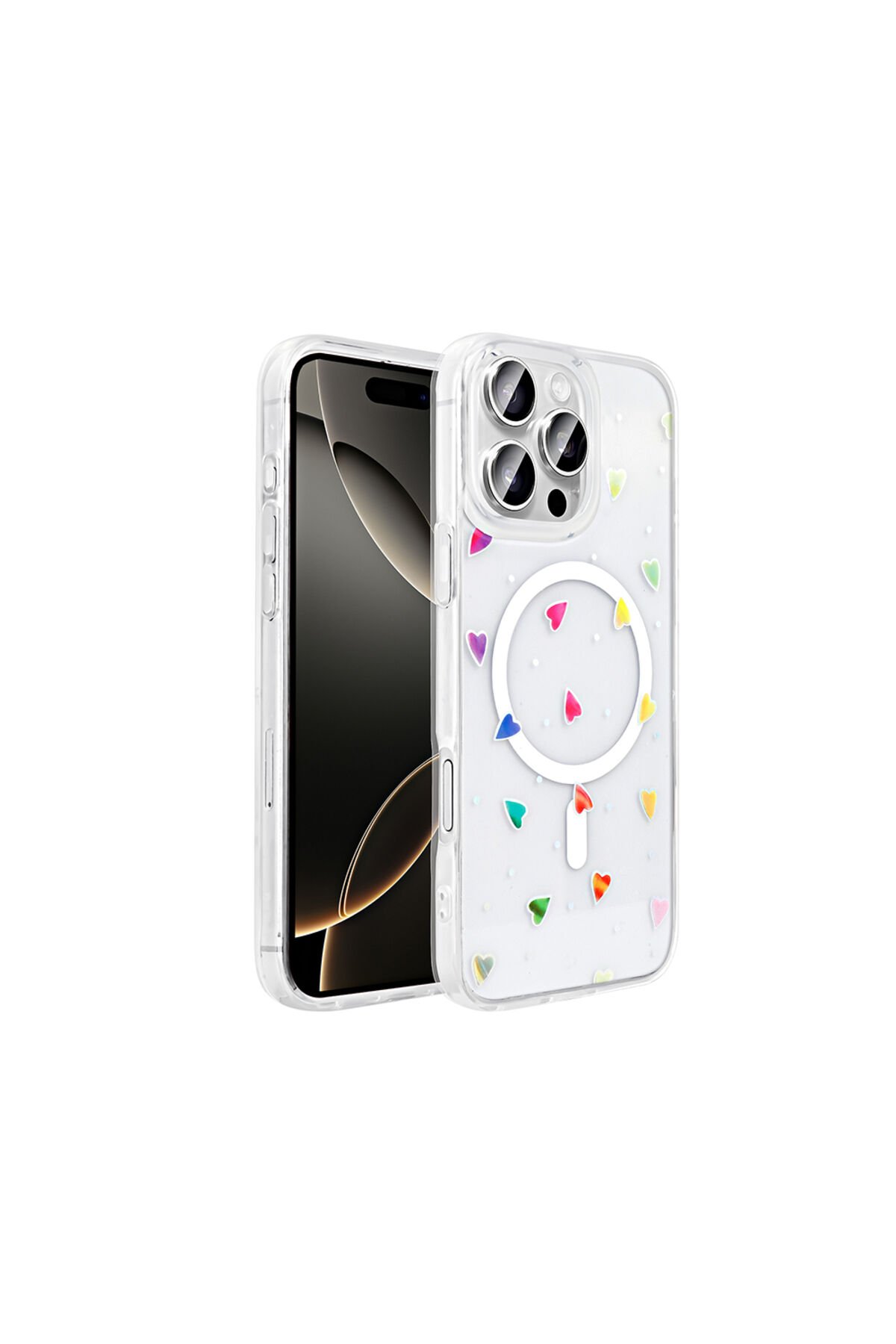 iPhone 16 Pro Kılıf M-Safe Şarj Özellikli Şeffaf Folk Sert Kapak - Fiyonk Beyaz