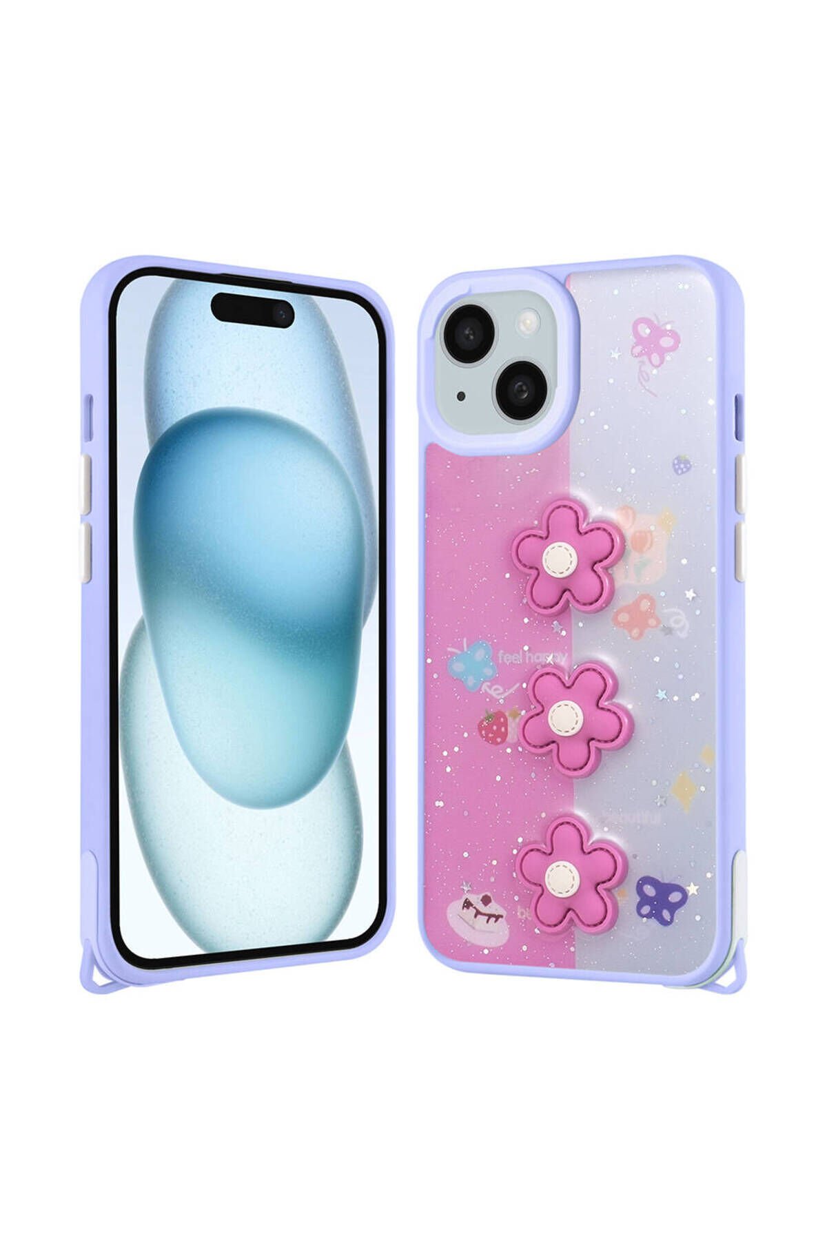 iPhone 14 Plus Kılıf Parlayan Sıvılı Simli Kabartma Figürlü BSAY Cevze Kapak-Beyaz Mor Pansm-Ya