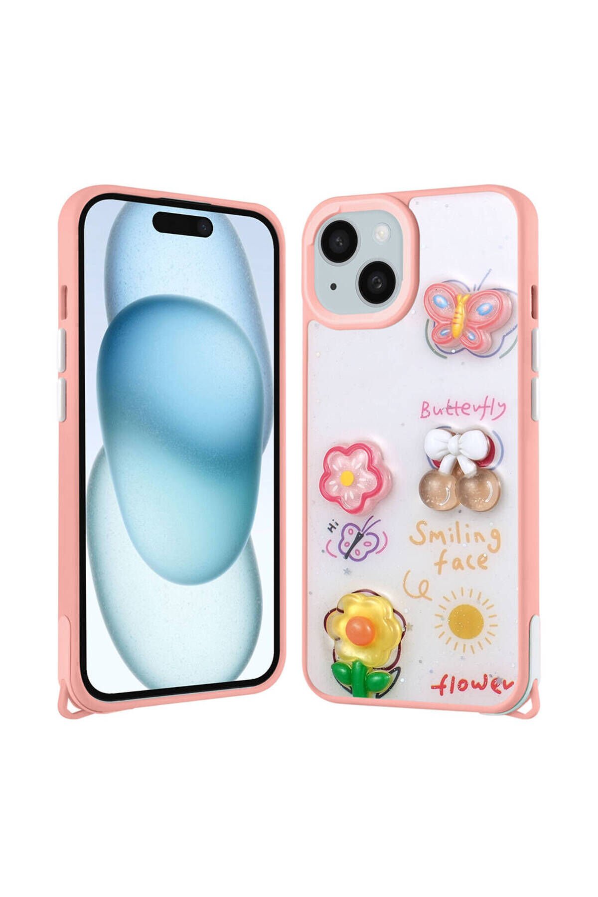 iPhone 14 Plus Kılıf Parlayan Sıvılı Simli Kabartma Figürlü BSAY Cevze Kapak-Beyaz Pembe