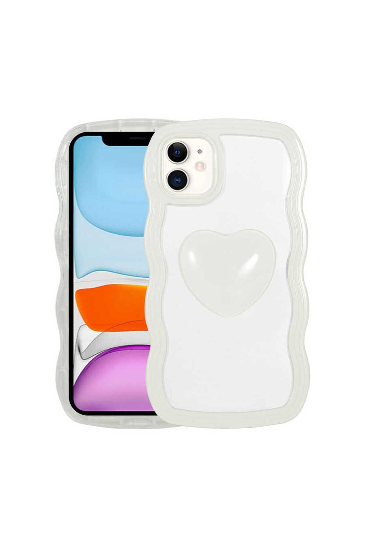 iPhone 11 Uyumlu Renkli Kalp Figürlü BSAY Ponçik Kılıf-Sarı Beyaz