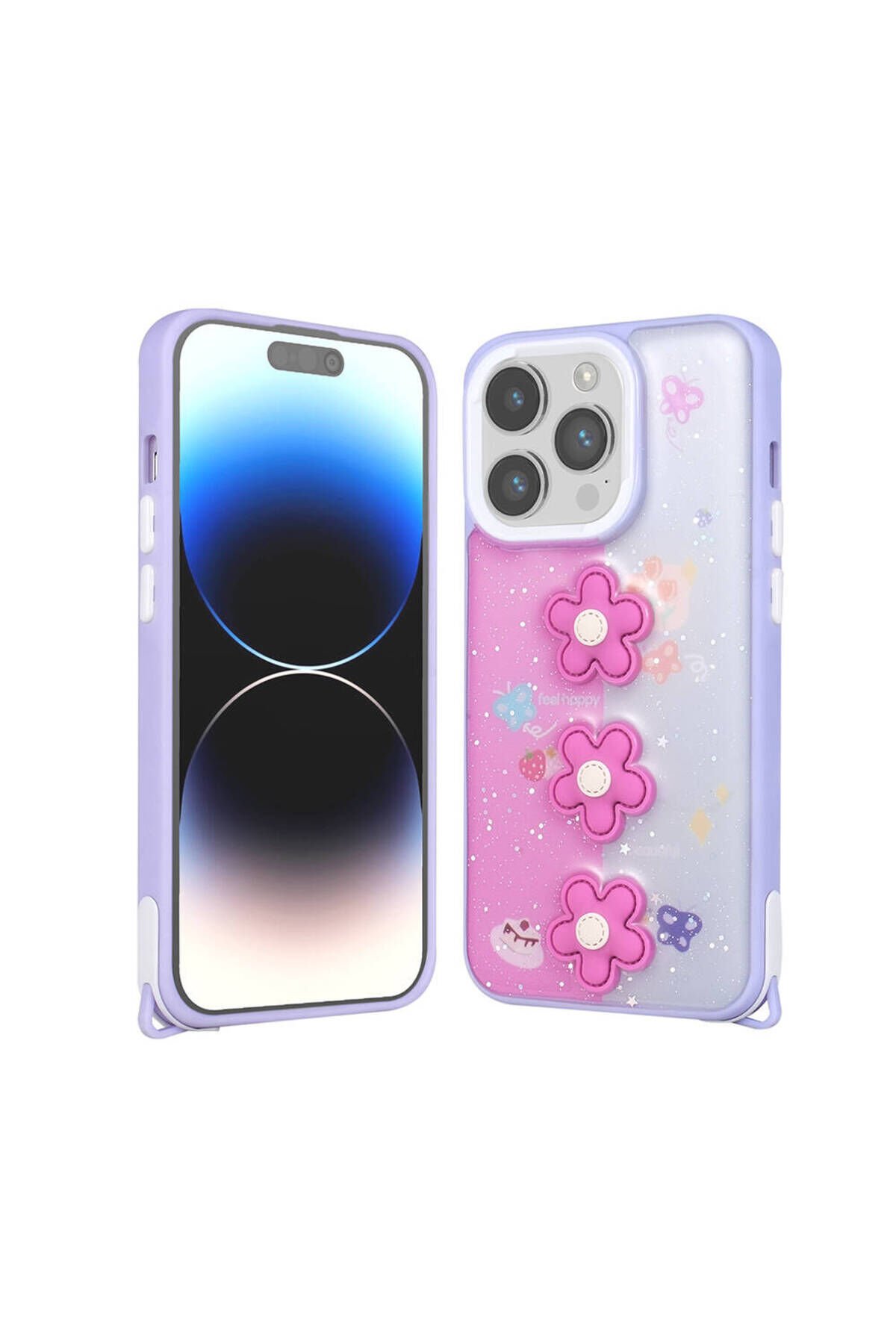 iPhone 14 Pro Kılıf Parlayan Sıvılı Simli Kabartma Figürlü BSAY Cevze Kapak-Mor Ayı Mor Pansm-Ya