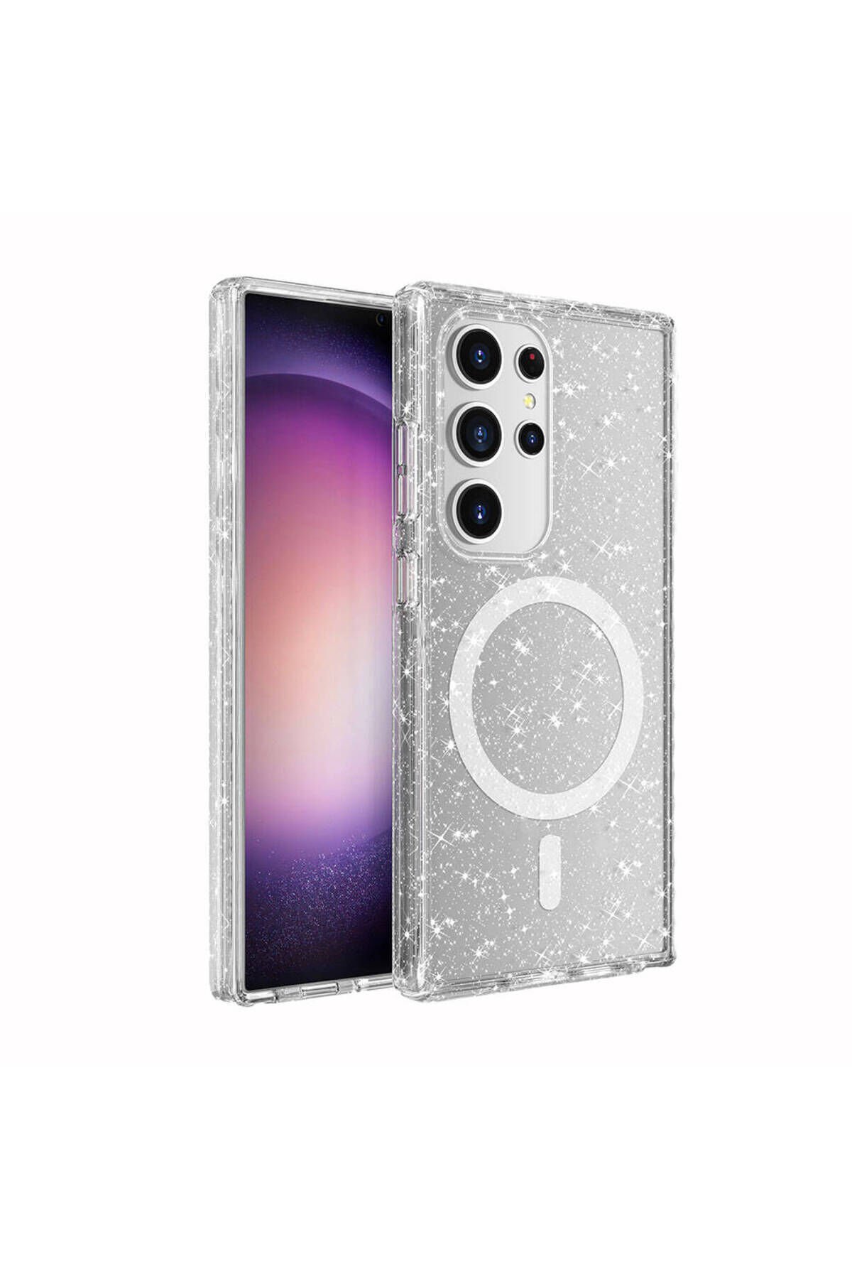 Galaxy S24 Ultra Kılıf Magsafe Şarj Özellikli Parlayan Simli Saydam Renkli BSAY Allstar Kapak - Şeff Pembe