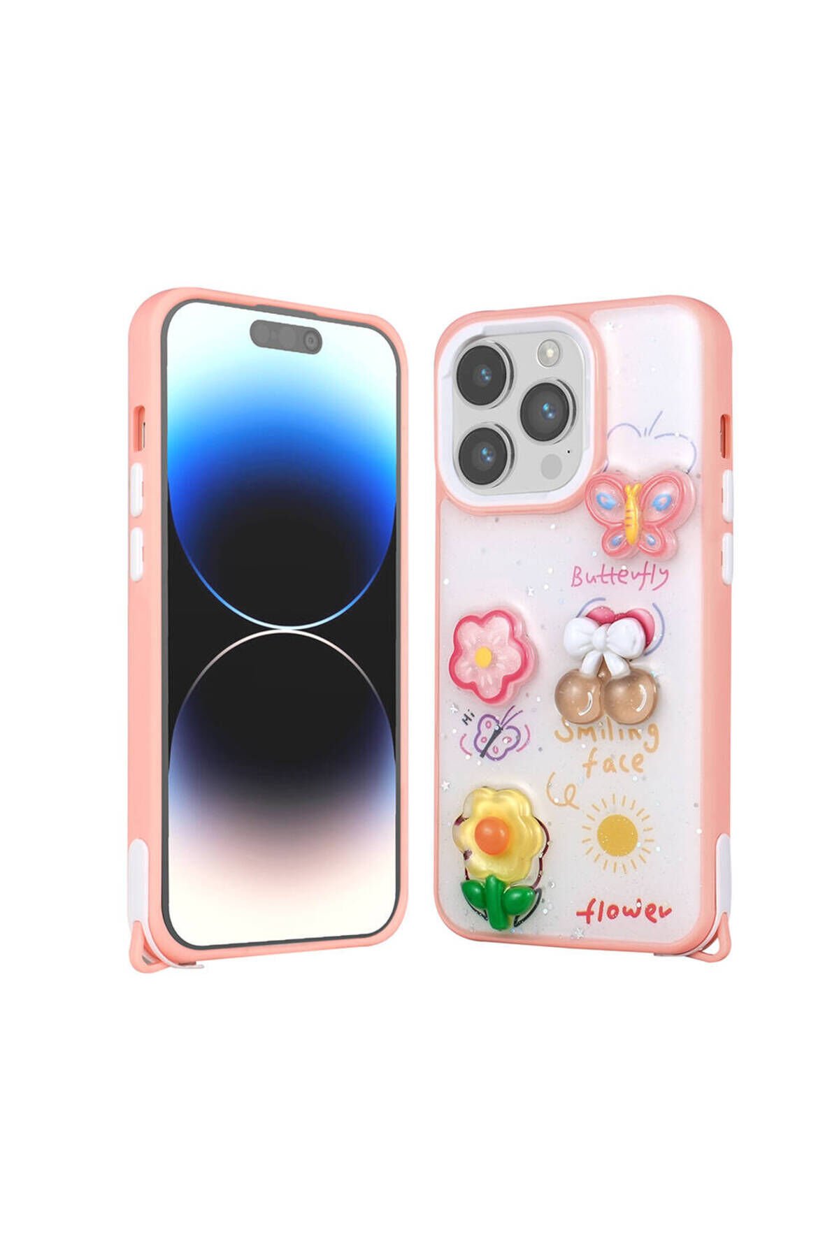 iPhone 14 Pro Max Kılıf Parlayan Sıvılı Simli Kabartma Figürlü BSAY Cevze Kapak-Mor PaNSM-ya Pembe
