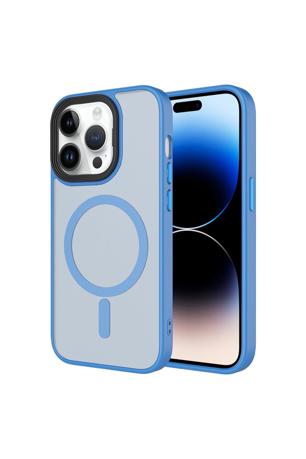 iPhone 14 Pro Max Kılıf Mat Arka Yüzey Wireless Şarj Özellikli BSAY Flet M-safe Kapak - Açık Mavi Mavi