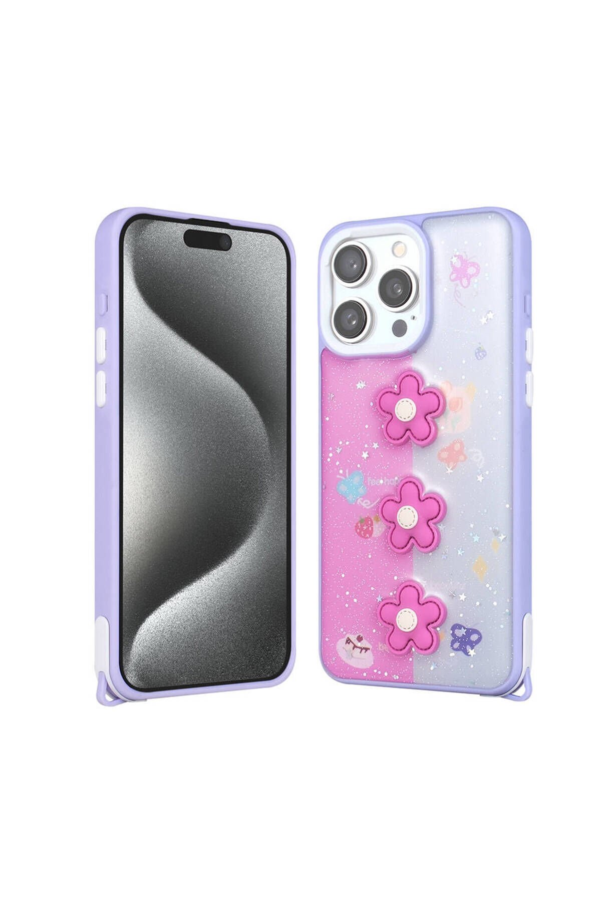 iPhone 15 Pro Max Kılıf Parlayan Sıvılı Simli Kabartma Figürlü BSAY Cevze Kapak-Mor Ayı Mor Pansm-Ya