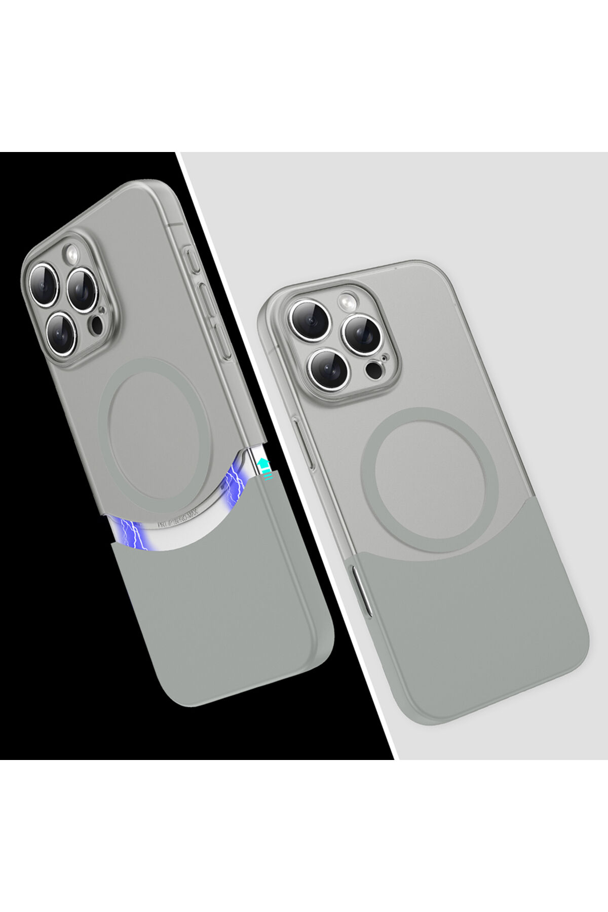 iPhone 16 Pro Kılıf M-Safe Şarj Özellikli Mıknatıslı Zore Duble Kapak - Lacivert Gri