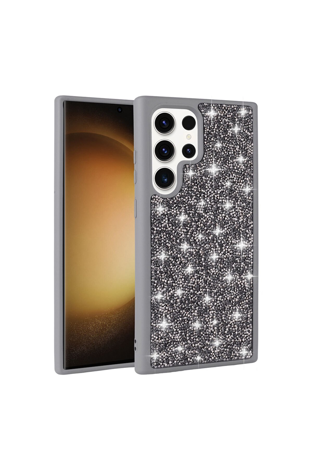 Galaxy S22 Ultra Kılıf Parlak Taşlı Tasarım BSAY Pırlanta Kapak - Gri