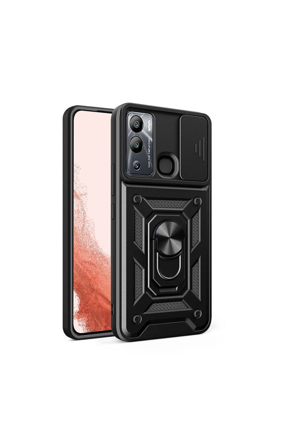 İnfinix Hot 20i Kılıf Magnetik Standlı Kamera Korumalı BSAY Sürgülü Vega Kapak - Mavi Siyah