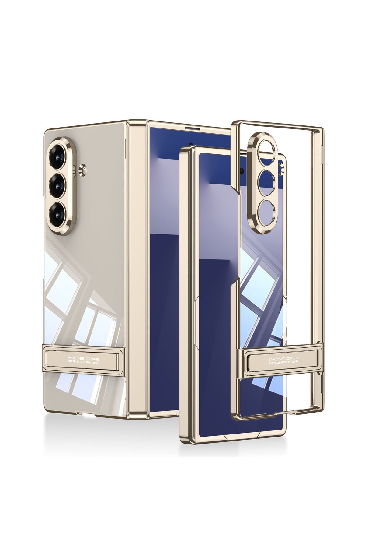 Galaxy Z Fold 7 Kılıf Kamera Korumalı Şeffaf Tasarımlı Lego Standlı Kapak - Gold Altın