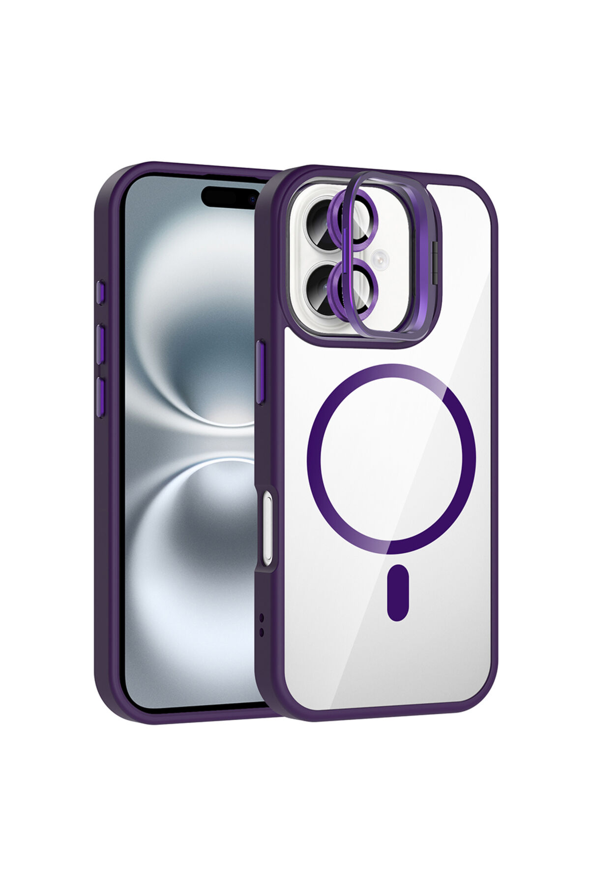 iPhone 16 Kılıf Standlı ve Kamera Lens Hediyeli M-Safe Şarj Özellikli Zore Etro Kapak - Desert Titan Derin Mor