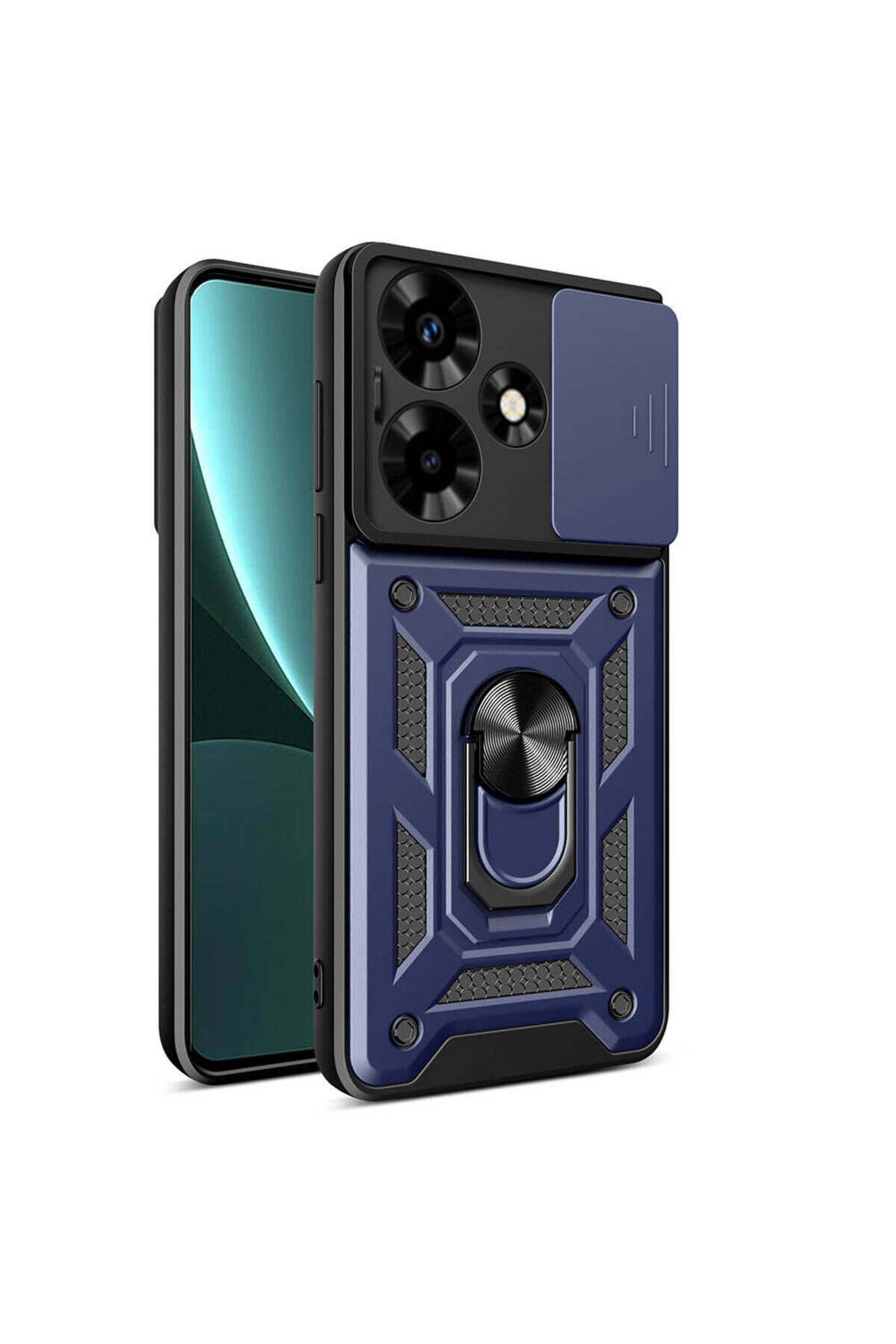 İnfinix Hot 30 Kılıf Magnetik Standlı Kamera Korumalı BSAY Sürgülü Vega Kapak - Siyah Mavi