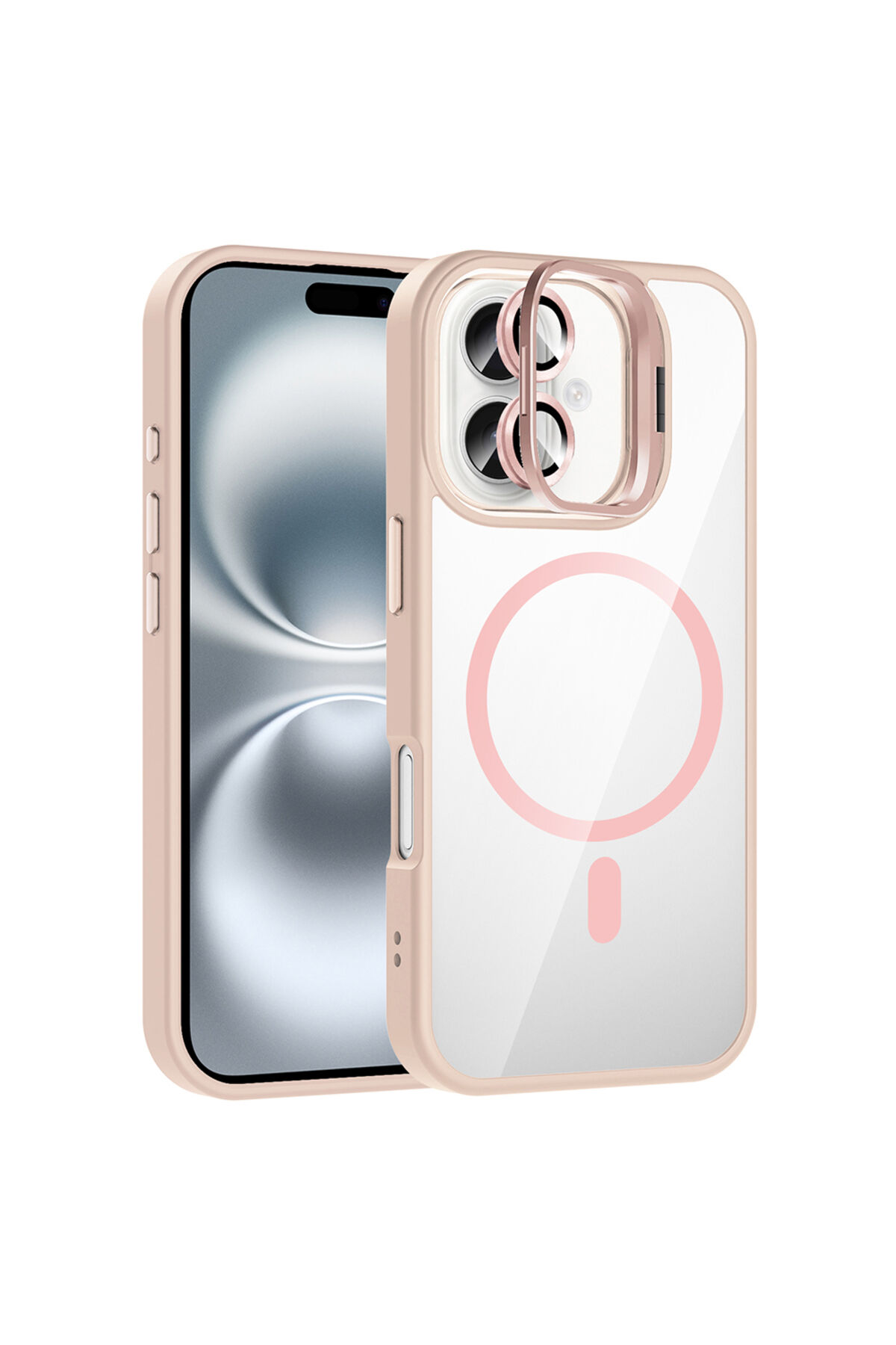 iPhone 16 Plus Kılıf Standlı ve Kamera Lens Hediyeli M-Safe Şarj Özellikli Zore Etro Kapak - Desert Pembe