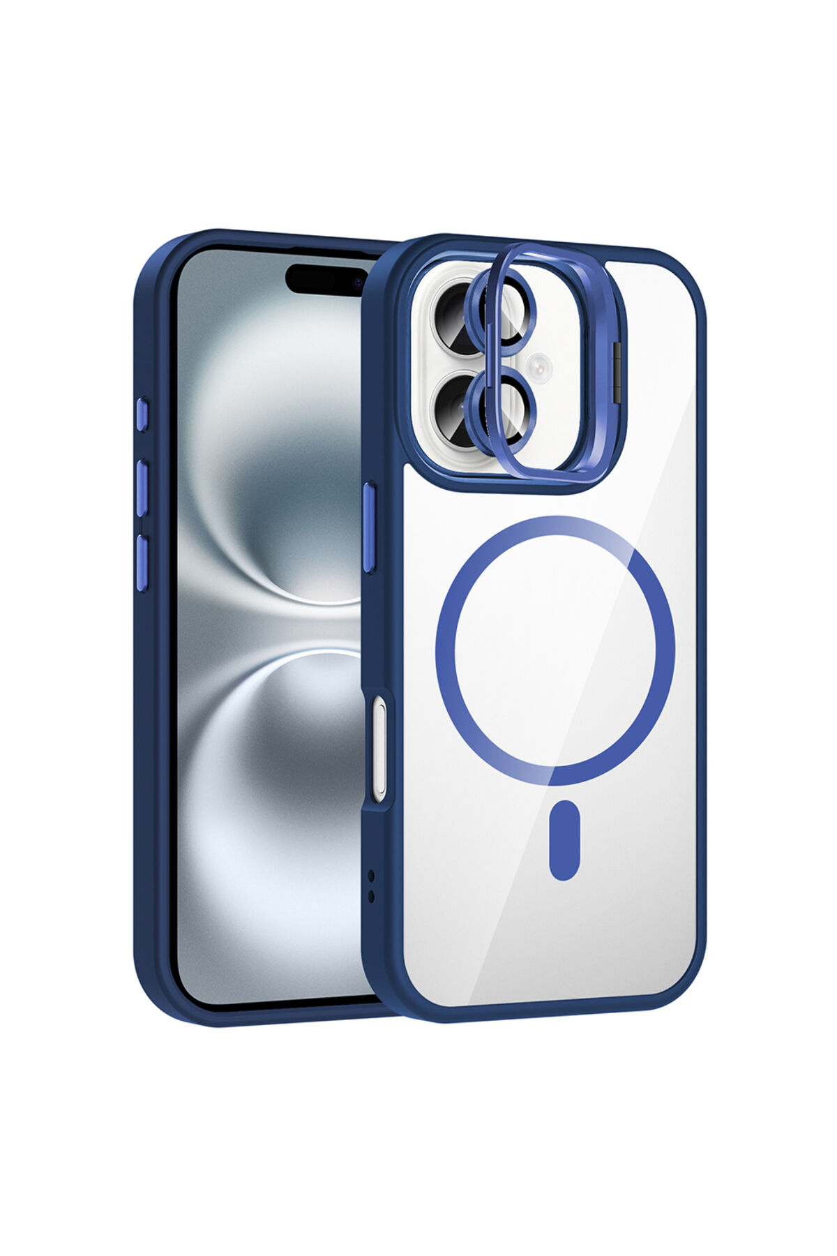 iPhone 16 Plus Kılıf Standlı ve Kamera Lens Hediyeli M-Safe Şarj Özellikli Zore Etro Kapak - Desert Lacivert