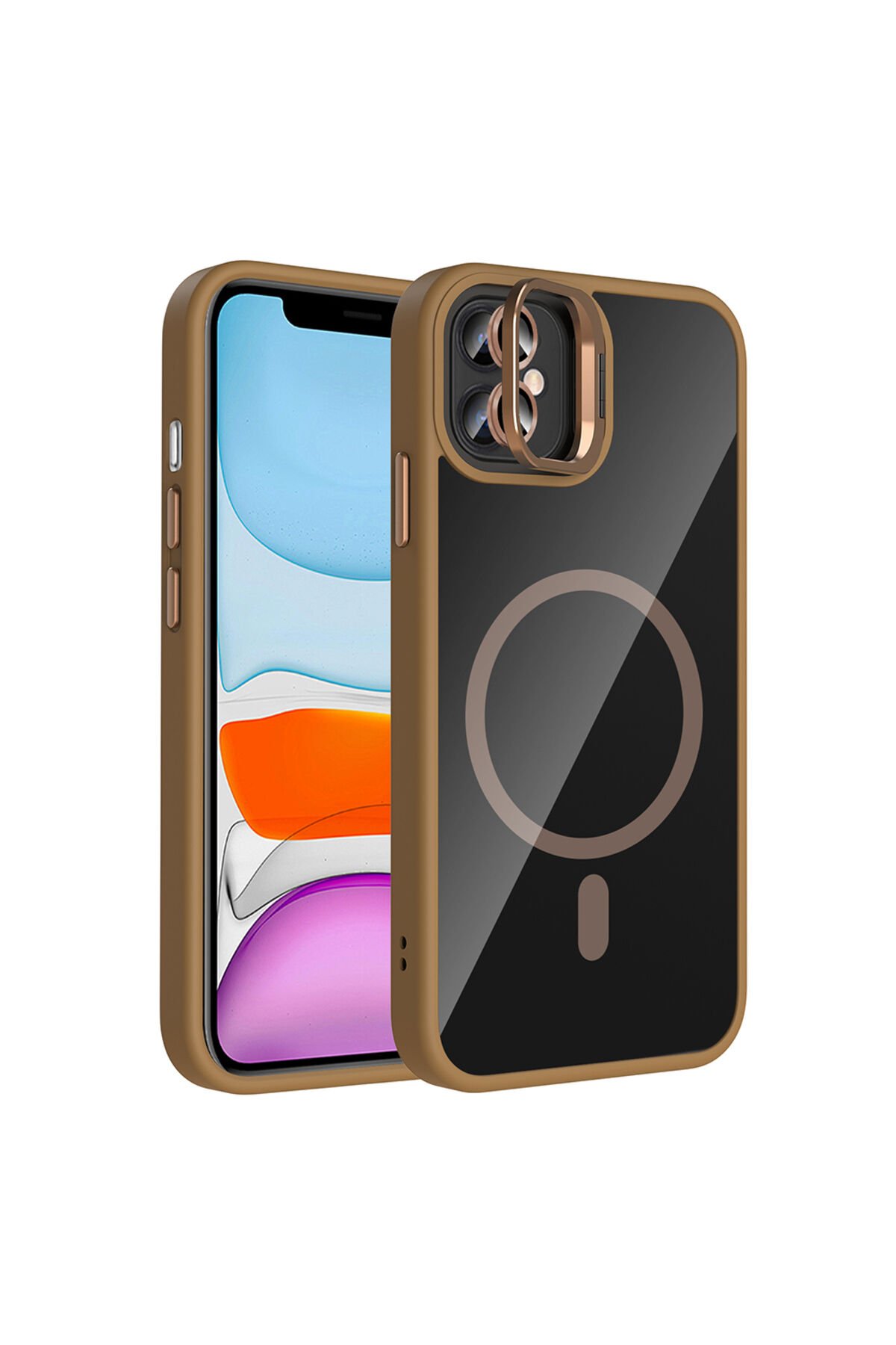 iPhone 11 Kılıf Standlı ve Kamera Lens Hediyeli M-Safe Şarj Özellikli BSAY Etro Kapak - Desert Titan