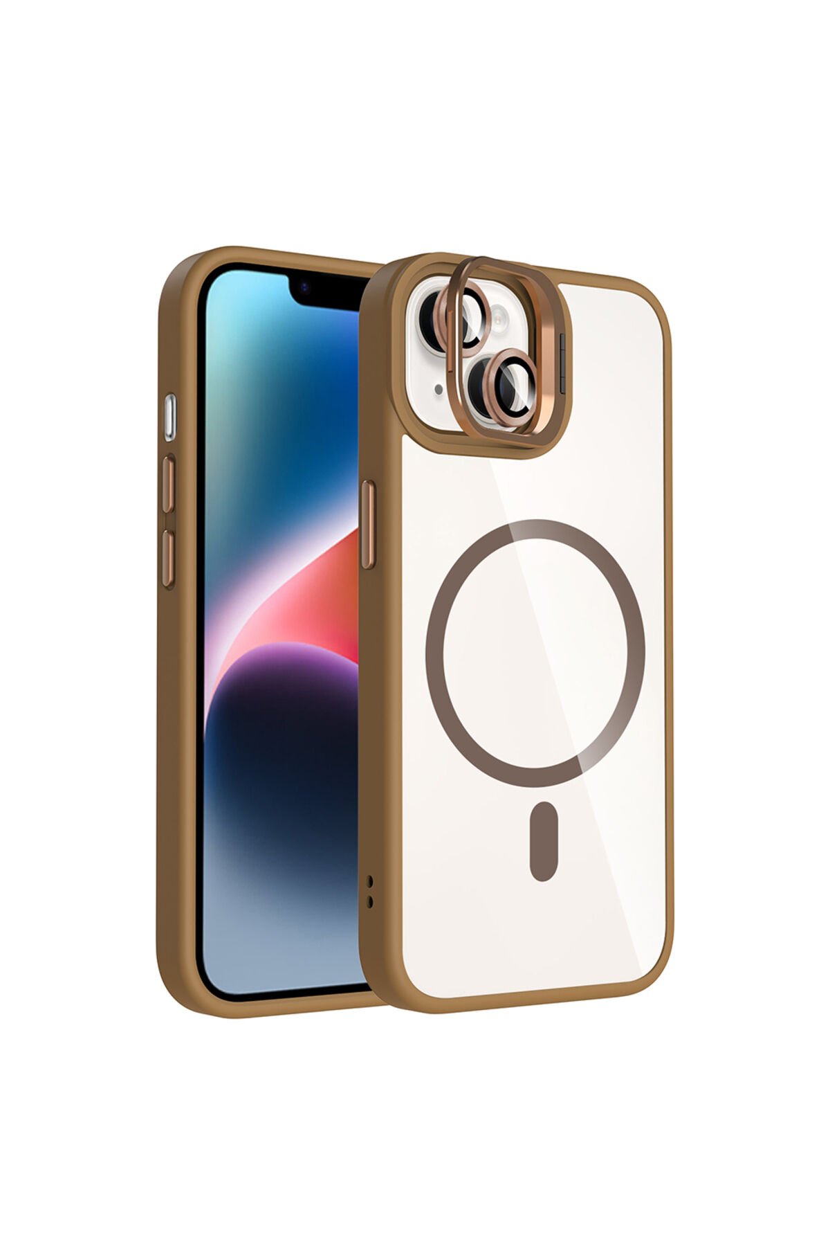 iPhone 14 Kılıf Standlı ve Kamera Lens Hediyeli M-Safe Şarj Özellikli BSAY Etro Kapak - Desert Titan