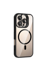 iPhone 16 Pro Kılıf Standlı ve Kamera Lens Hediyeli M-Safe Şarj Özellikli Zore Etro Kapak - Siyah Pembe