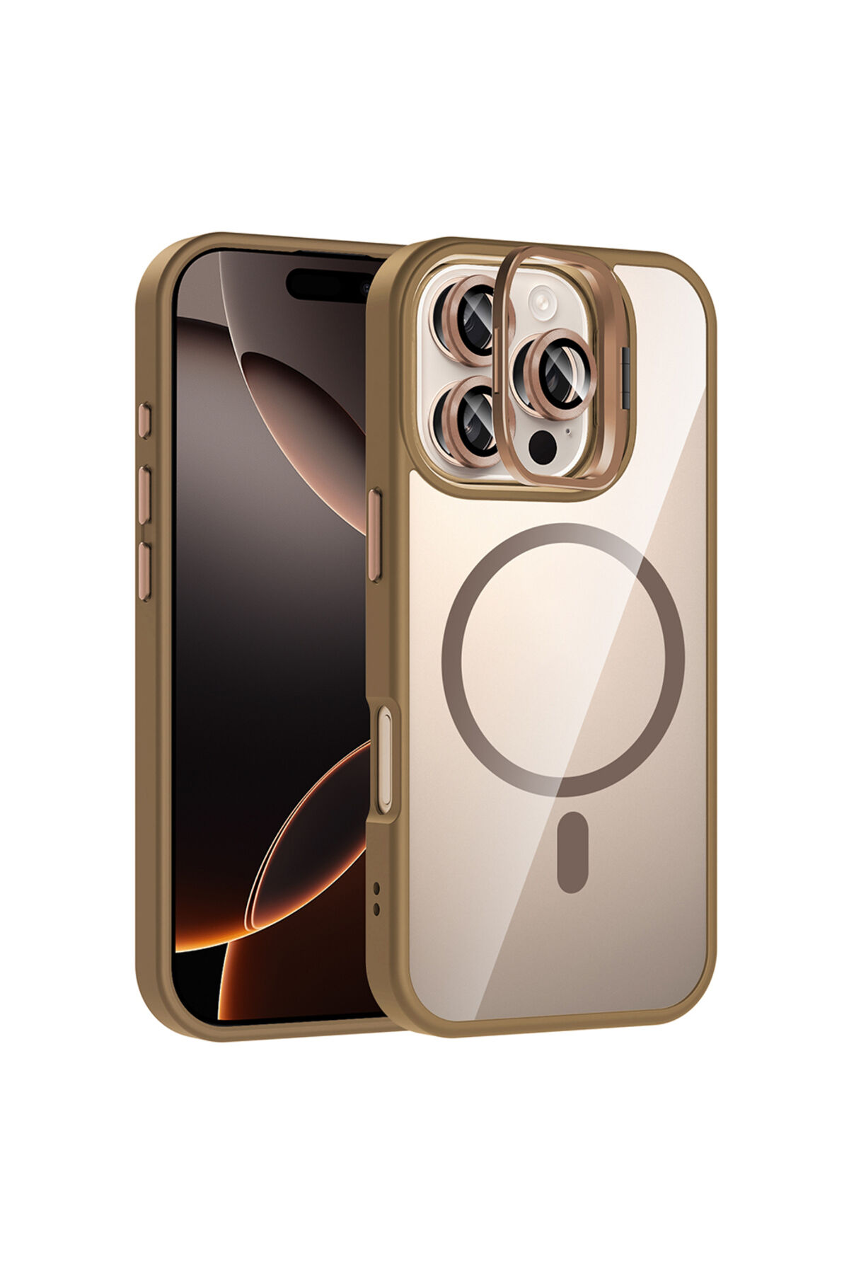 iPhone 16 Pro Max Kılıf Standlı ve Kamera Lens Hediyeli M-Safe Şarj Özellikli Zore Etro Kapak - Gri Lacivert