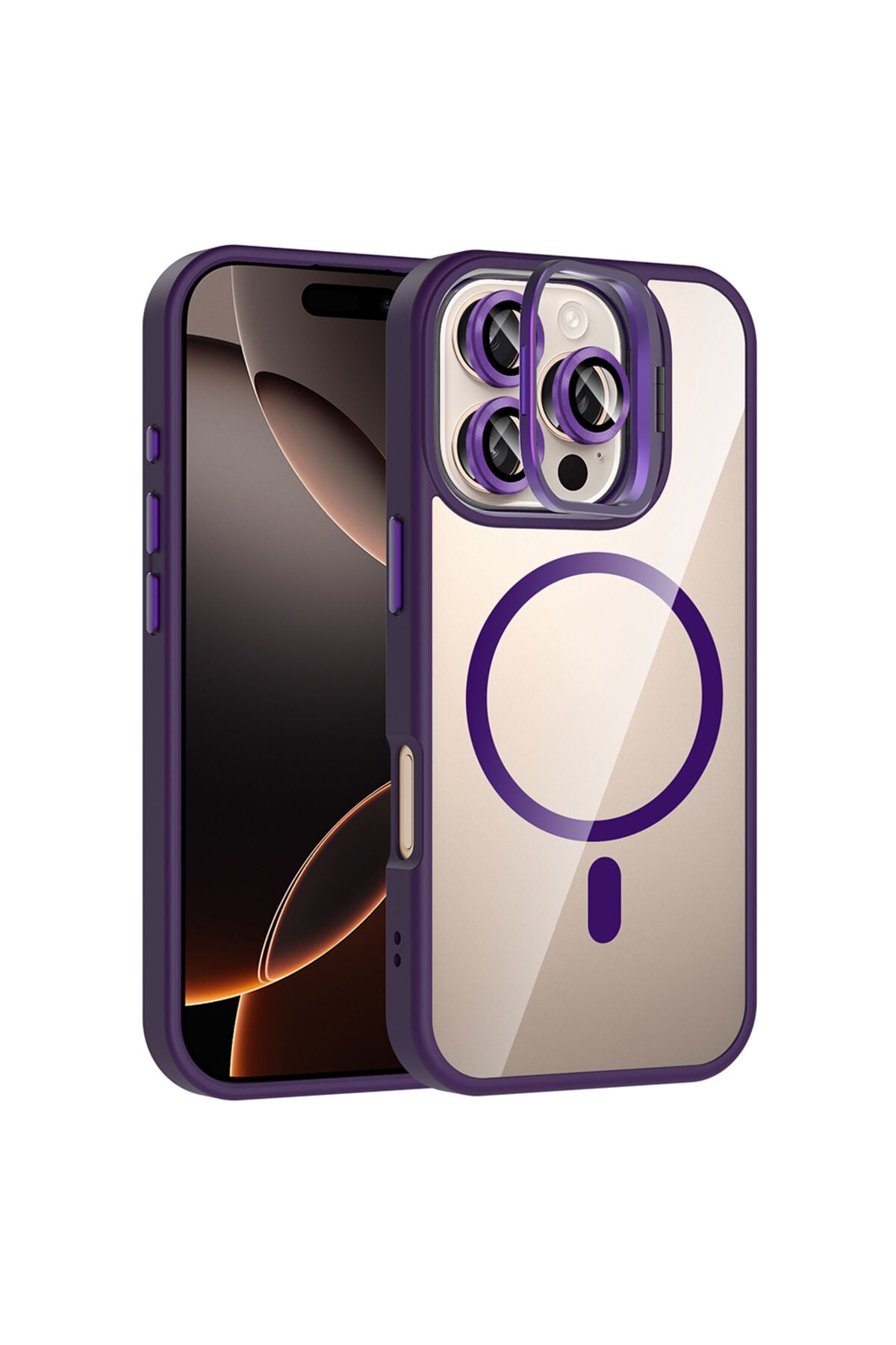 iPhone 16 Pro Max Kılıf Standlı ve Kamera Lens Hediyeli M-Safe Şarj Özellikli Zore Etro Kapak - Gri Derin Mor